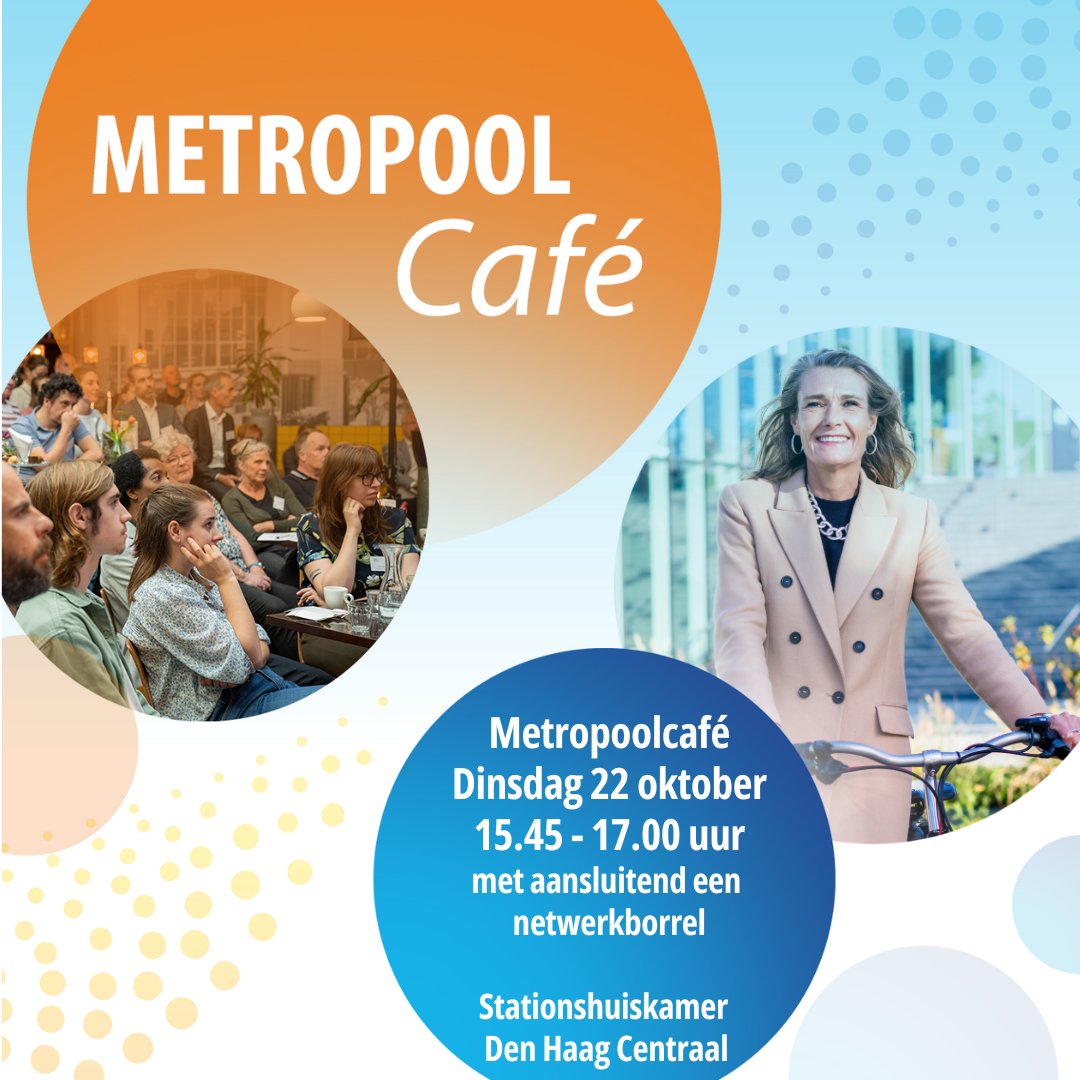 Op dinsdag 22 oktober is er vanaf 15.45 uur weer een #Metropoolcafé in de Stationshuiskamer op station Den Haag CS, met :

✴ Esther van Garderen, directeur Fietsersbond
✴ Barbara Baarsma, hoofdeconoom PwC 
✴ Serge van Dam, directeur KIM 
Aanmelden:👉 bit.ly/47uIBXA