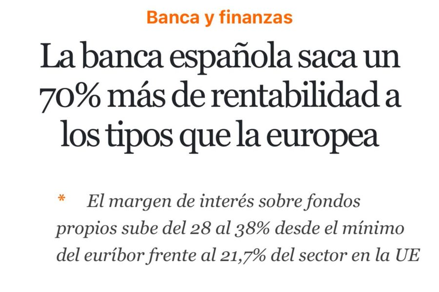 La banca española le ha sacado un 70% más de rentabilidad a la subida de tipos que la europea. Es decir, tú pagas más por la hipoteca, pero en España no te pagan más por el ahorro.

Pero pobrecitos que les ponen un impuesto.
