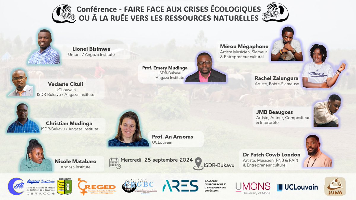 [#SaveTheDate] « Faire face aux crises écologiques ou à la ruée vers les ressources naturelles ». Cette conférence conjointe entre artistes et scientifiques s’articulera autour de 3 panels, avec <a href="/AnAnsoms/">An Ansoms @anansoms.bsky.social</a> &amp; <a href="/EmeryMudinga/">Dr. Emery Mudinga</a> comme Key note speakers⤵️
📆25/09/24
📍<a href="/IsdrBukavu/">ISDR Bukavu</a>