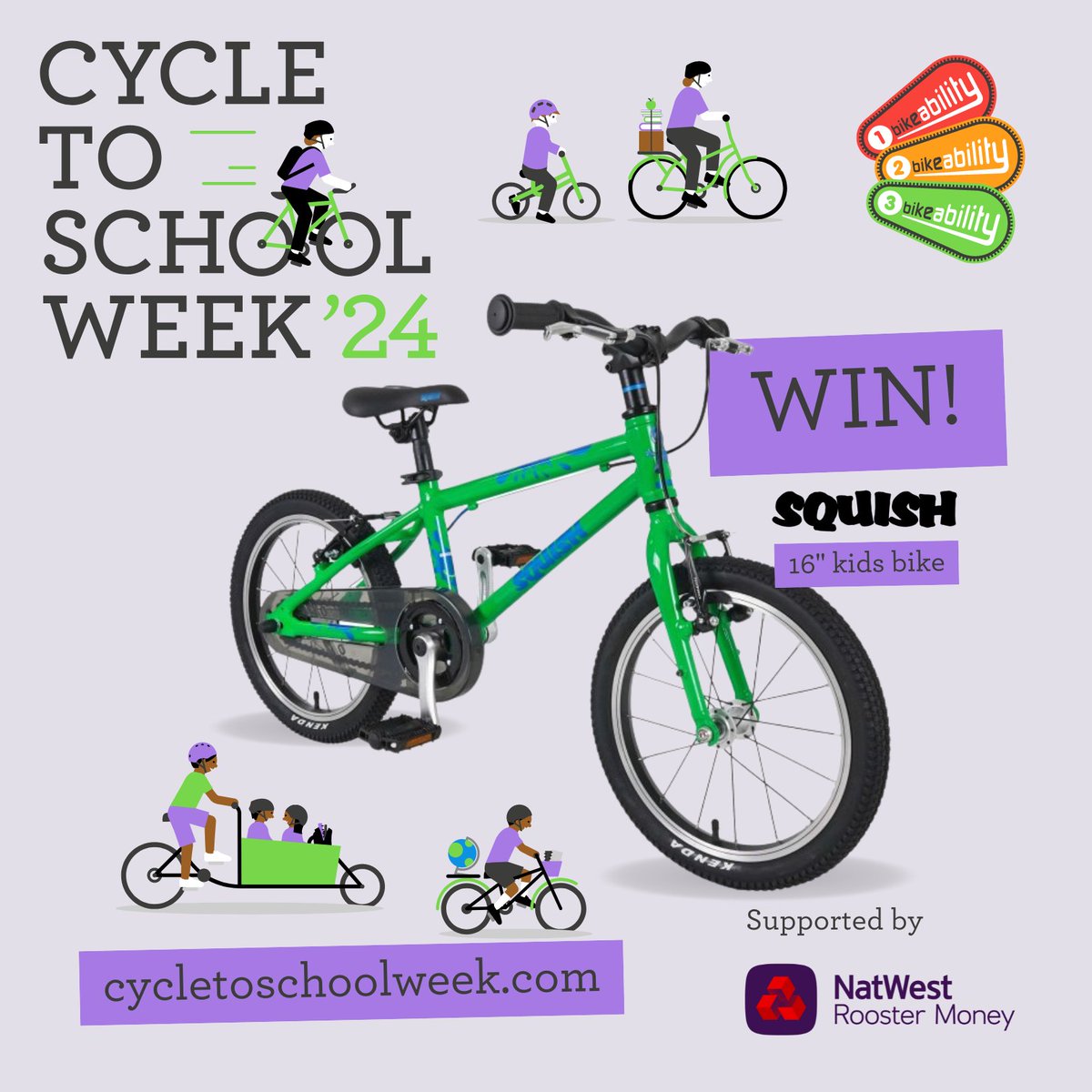 Bikeability (@bikeabilityuk) on Twitter photo Your chance to WIN this #CycleToSchoolWeek 🚲
Thanks to <a href="/rooster_money/">NatWest Rooster Money</a>, we're giving away a Squish cycle!
To enter:
1️⃣ Like & repost
2️⃣ Reply with "🐓🚲" emojis
3️⃣ Follow <a href="/BikeabilityUK/">Bikeability</a>
4️⃣ (EXTRA entry) Make a pledge at cycletoschoolweek.com
Closes Fri 27 Sept. T&Cs apply. Your chance to WIN this #CycleToSchoolWeek 🚲
Thanks to <a href="/rooster_money/">NatWest Rooster Money</a>, we're giving away a Squish cycle!
To enter:
1️⃣ Like & repost
2️⃣ Reply with "🐓🚲" emojis
3️⃣ Follow <a href="/BikeabilityUK/">Bikeability</a>
4️⃣ (EXTRA entry) Make a pledge at cycletoschoolweek.com
Closes Fri 27 Sept. T&Cs apply.
