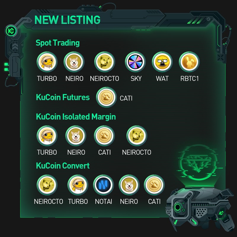 kucoincom's tweet photo. #KuCoin Weekly Report (Sep 16 - Sep 22, 2024)

✅Cross Margin Available Now on KuCoin Futures
✅Eigenpie (EGB) Joins KuCoin GemPool
✅New Listings: $TURBO, $NEIRO, #NEIROCTO, $SKY, $WAT, &amp; #RBTC1

For more promo &amp; campaigns, visit #KuCoin's official news page!

#BUIDL #MoreToCome