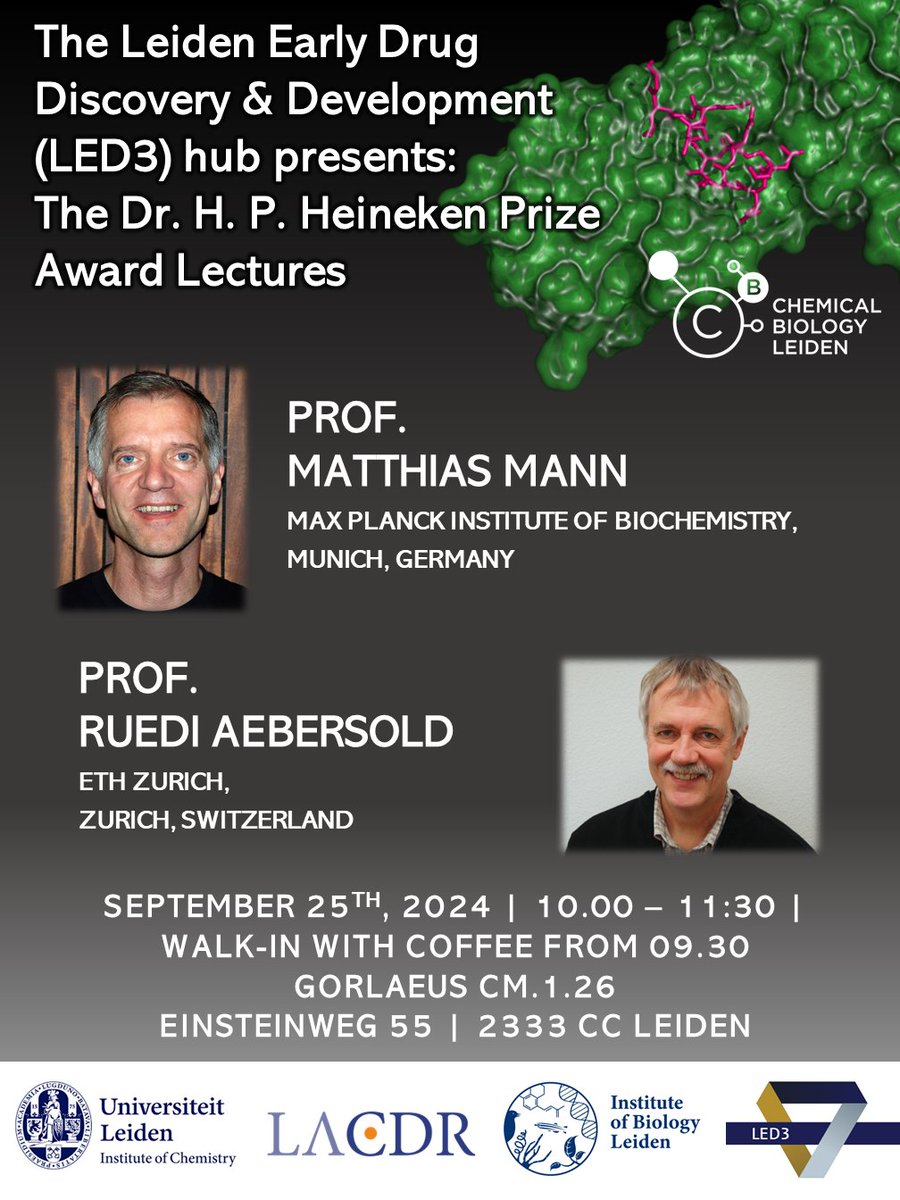 LED3 hub (inactive account) (@led3hub) on Twitter photo We are excited to host the awardees of the Heineken Prize, Matthias Mann <a href="/labs_mann/">Matthias Mann Lab</a> and Ruedi Aebersold, for lectures on Wednesday at 10:00 a.m.
If you want to hear about their groundbreaking work on proteomics to better understand biological systems, make sure to come by. We are excited to host the awardees of the Heineken Prize, Matthias Mann <a href="/labs_mann/">Matthias Mann Lab</a> and Ruedi Aebersold, for lectures on Wednesday at 10:00 a.m.
If you want to hear about their groundbreaking work on proteomics to better understand biological systems, make sure to come by.
