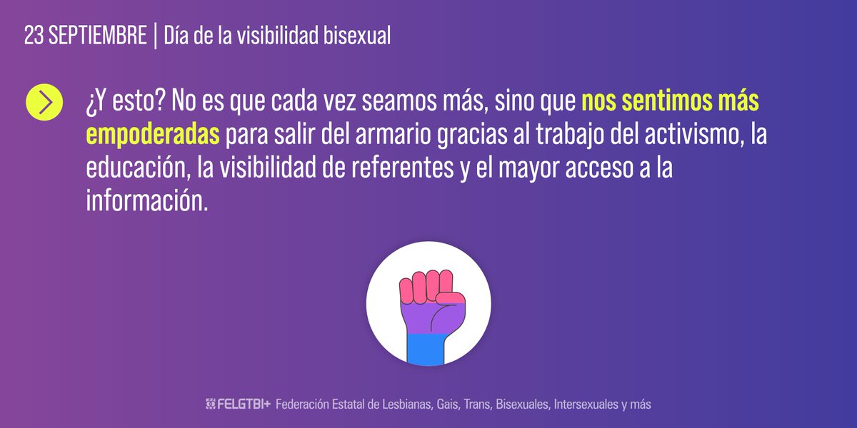 👉¿Sabías que en la actualidad que más de la mitad de las personas del colectivo LGTBI+ son bisexuales?
Descubre hoy, Día de la visibilidad bisexual, qué más no sabes 🧐
 #OrgulloBi