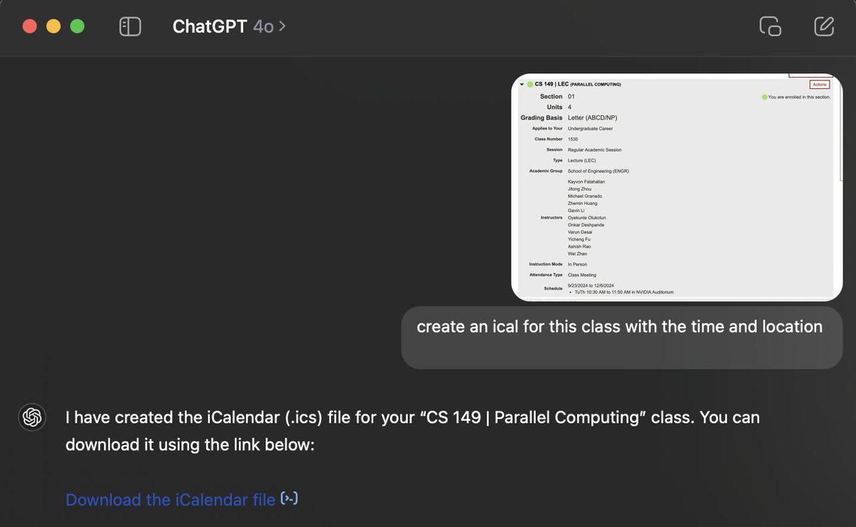 SherylHsu02's tweet image. 4o can create calendar events...actually so useful (and wasn't expecting this to work)