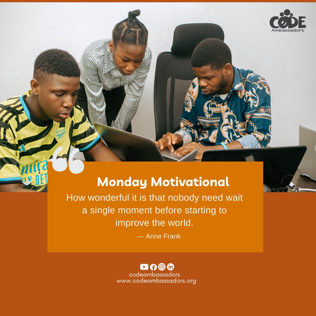 codeambassadors's tweet image. As we step into a new week, it&apos;s inspiring to remember that we don&apos;t have to wait for the &quot;right&quot; moment to start making a difference.

#CodeAmbassadors #Inspired #NewWeek #MondayMotivation #MakeADifference