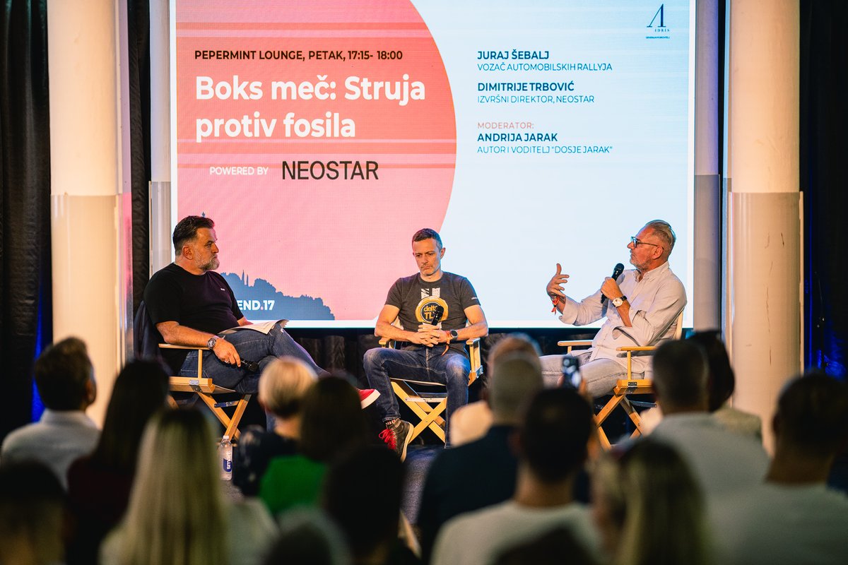 NeostarC's tweet image. Our CEO – Dimitrije Trbovic, a proponent of electric vehicles , and Juraj Šebalj, a rally car champion and proponent of traditional fossil fuel engines , had a dynamic discussion on the topic “𝐄𝐥𝐞𝐜𝐭𝐫𝐢𝐜𝐢𝐭𝐲 𝐯𝐬 𝐅𝐨𝐬𝐬𝐢𝐥𝐬”, with Andrija Jarak, moderating the match!