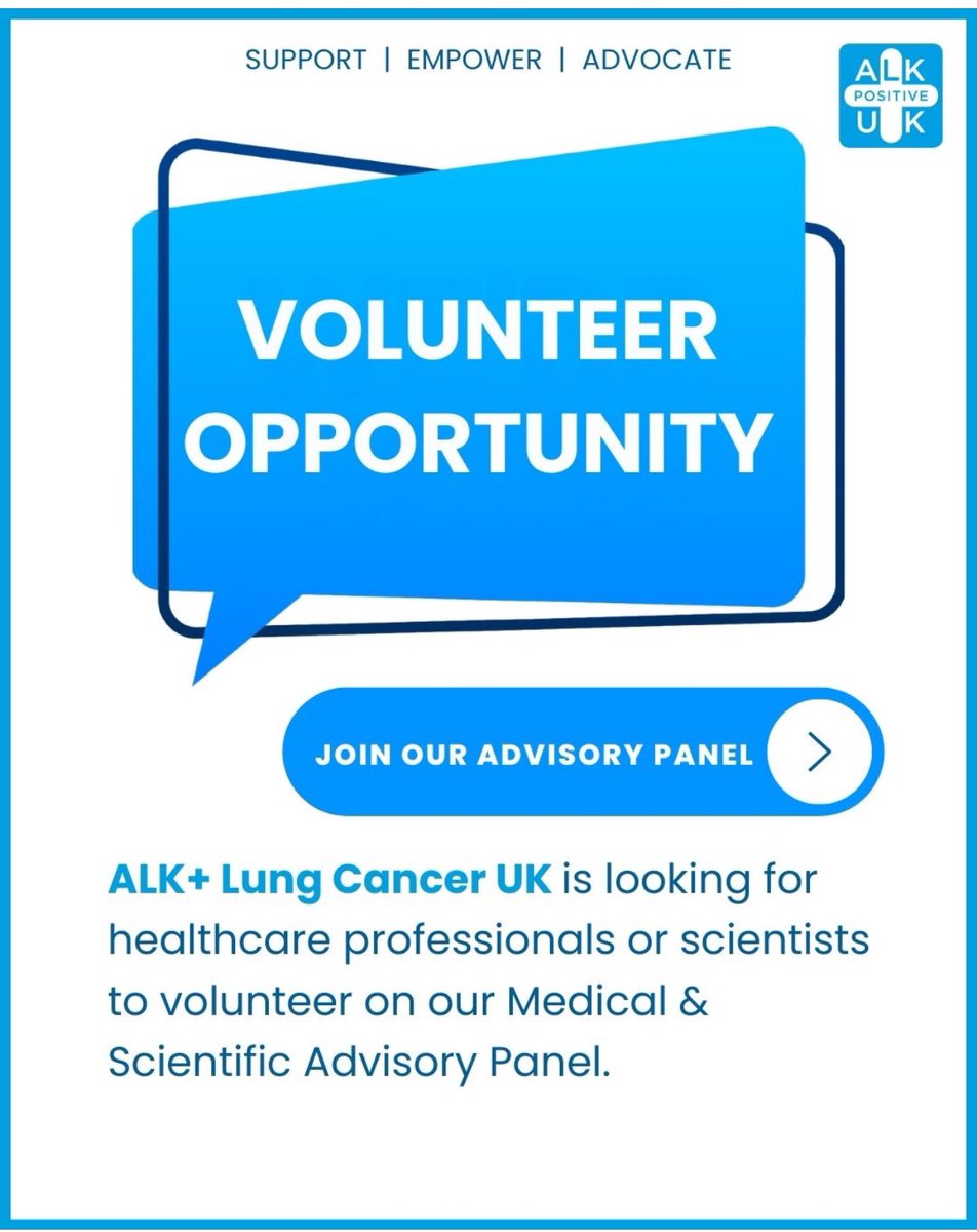 Volunteer Opportunity: Join Our Medical &amp; Scientific Advisory Panel

ALK+ UK is looking for healthcare professionals or scientists, ideally with an interest in ALK-positive lung cancer, to join our advisory panel.

This is a voluntary role, where your expertise will help shape