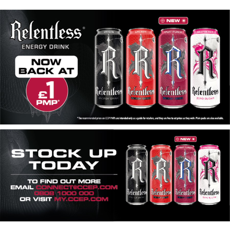 🚨 #RelentlessEnergy Drinks are BACK at £1 PMP! 🚨

Tap into the booming #energydrink market with flavours like Fruit Punch, Origin, Cherry, and more! Young adults are 15% more likely to buy PMPs—don't miss out! 🛒

Order now at My.CCEP.com. 💥
