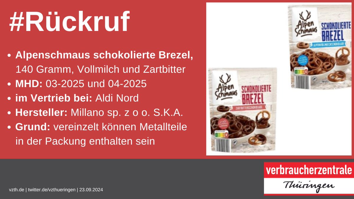 ‼️#Rückruf: Alpenschmaus schokolierte Brezel, 140 Gramm, wird verkauft bei Aldi Nord. Grund: in der Packung können vereinzelt Metallteile enthalten sein. Alle Infos 👉lebensmittelwarnung.de/___lebensmitte…