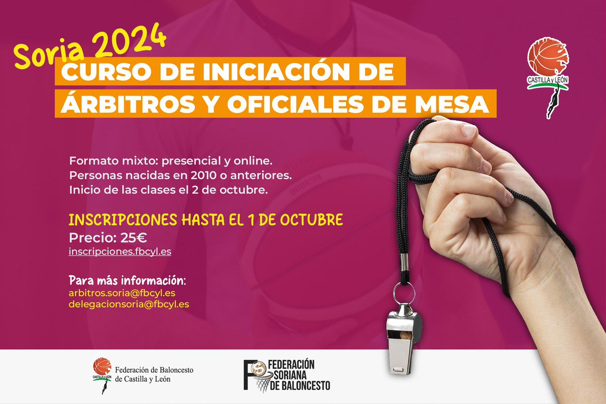 ¡¡ABIERTO PLAZO DE INSCRIPCIÓN!!
Apúntate antes del 1 de octubre al curso de árbitros y oficiales de mesa de Baloncesto.🏀