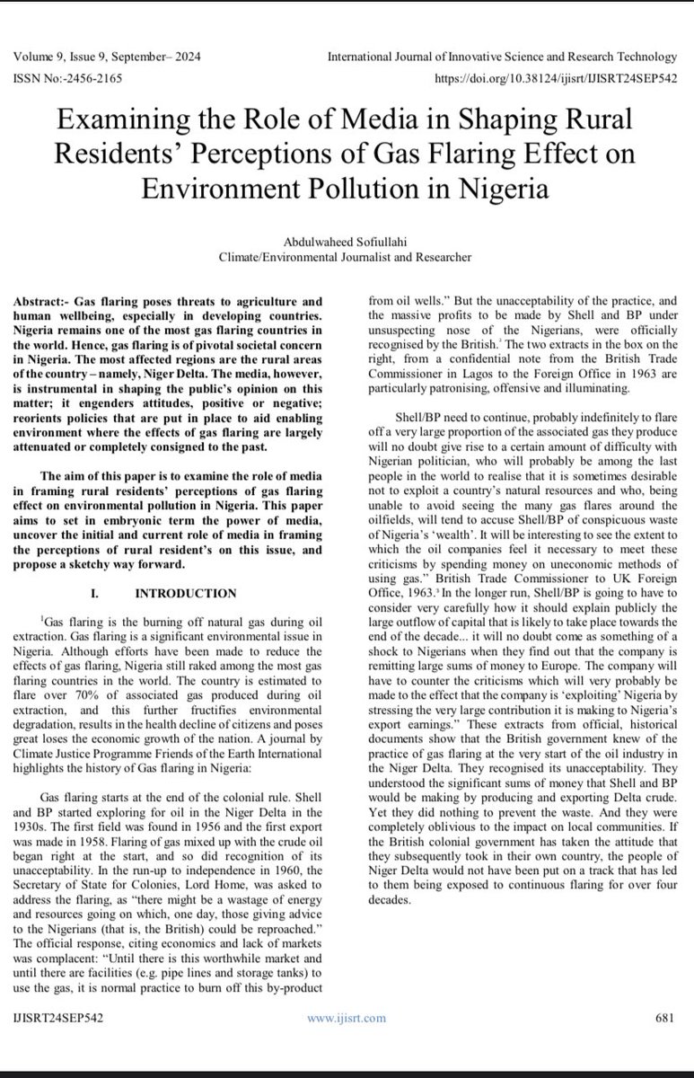 AbdulwaheedSof3's tweet photo. My new research paper, titled 'Examining the Role of Media in Shaping Rural Residents’ Perceptions of Gas Flaring Effects on Environmental Pollution in Nigeria,' has been published in Volume 9, Issue 9 of the International Journal of Innovation Science and Research Technology." https://t.co/V7NQdJBkKe