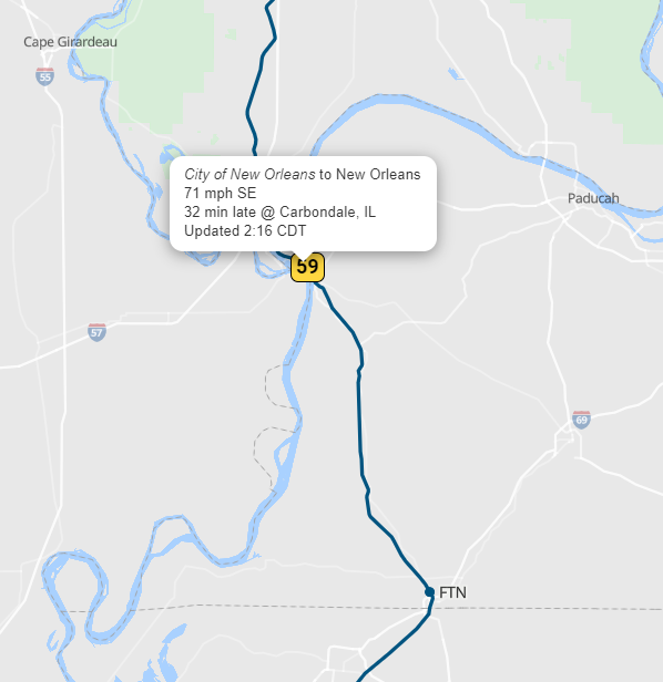 AmtrakStatus's tweet image. ALERT! 📷 Train 59 'City of New Orleans' is running behind schedule by 0 hour and 32 minutes.
Need to know when it arrives? Track your train in real-time: trains-today.com/train/amtrak-59
📷 Stay on track with us! #TrainStatus #Amtrak59 #IntercityRailMap