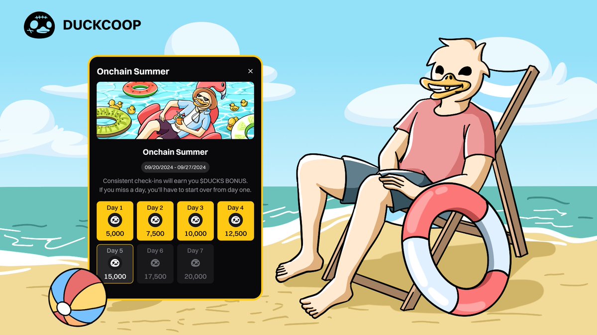 ☀️ GM duckies! It’s Monday, but in Onchain Summer, we’re vibing like it’s ''Thursday''! 🥰

Check-in Onchain Summer daily on $DUCKS App to grow your $DUCKS bonus! 😉

👉 Check-in to Onchain Summer and grab your $DUCKS: t.me/duckscoop_bot/…