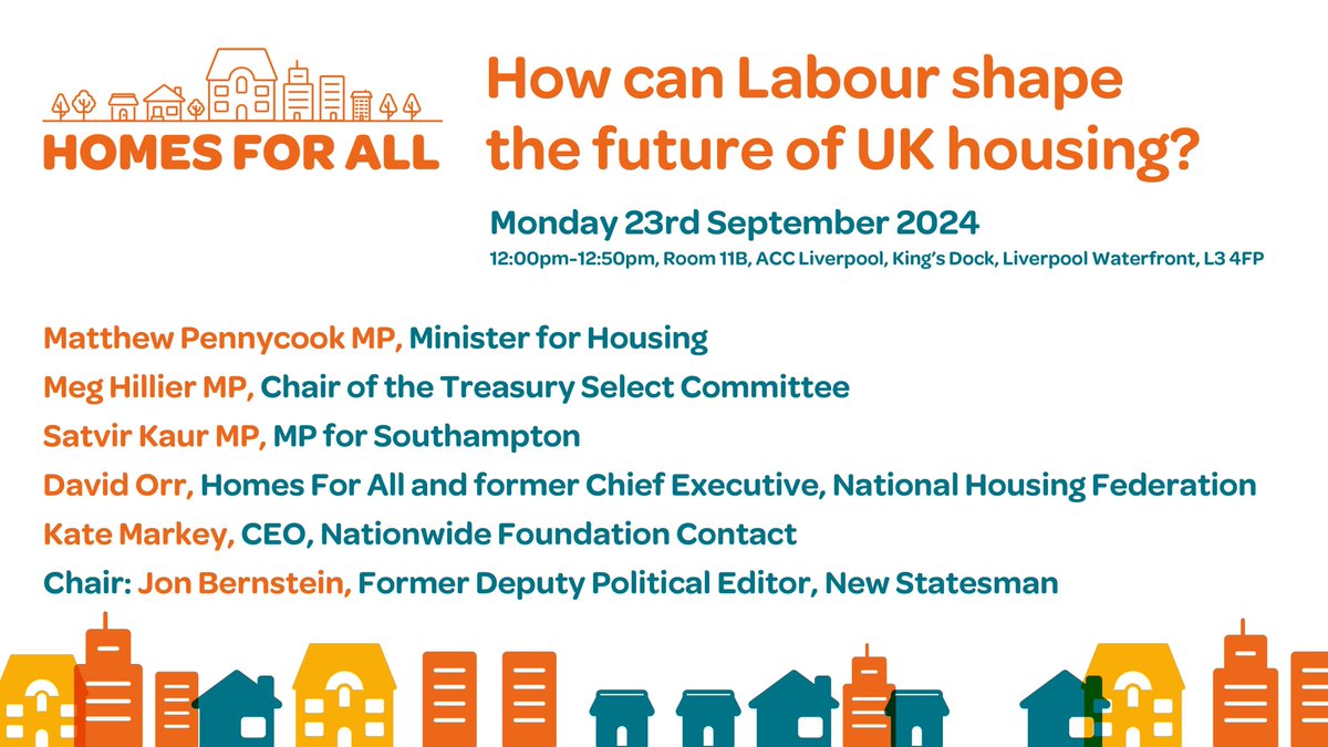 TODAY at #LPC24: Join #HomesForAll at 12pm with <a href="/NewStatesman/">The New Statesman</a> to hear how Labour can create long-term policy change for the whole housing system. 

Looking forward to our panel with <a href="/mtpennycook/">Matthew Pennycook MP</a> <a href="/Meg_HillierMP/">Meg Hillier</a> <a href="/LabourSatvir/">Satvir Kaur</a> <a href="/DavidOrrCBE/">David Orr</a> &amp; <a href="/kate_markey/">Kate Markey</a>. Chaired by <a href="/Jon_Bernstein/">Jon Bernstein</a>.