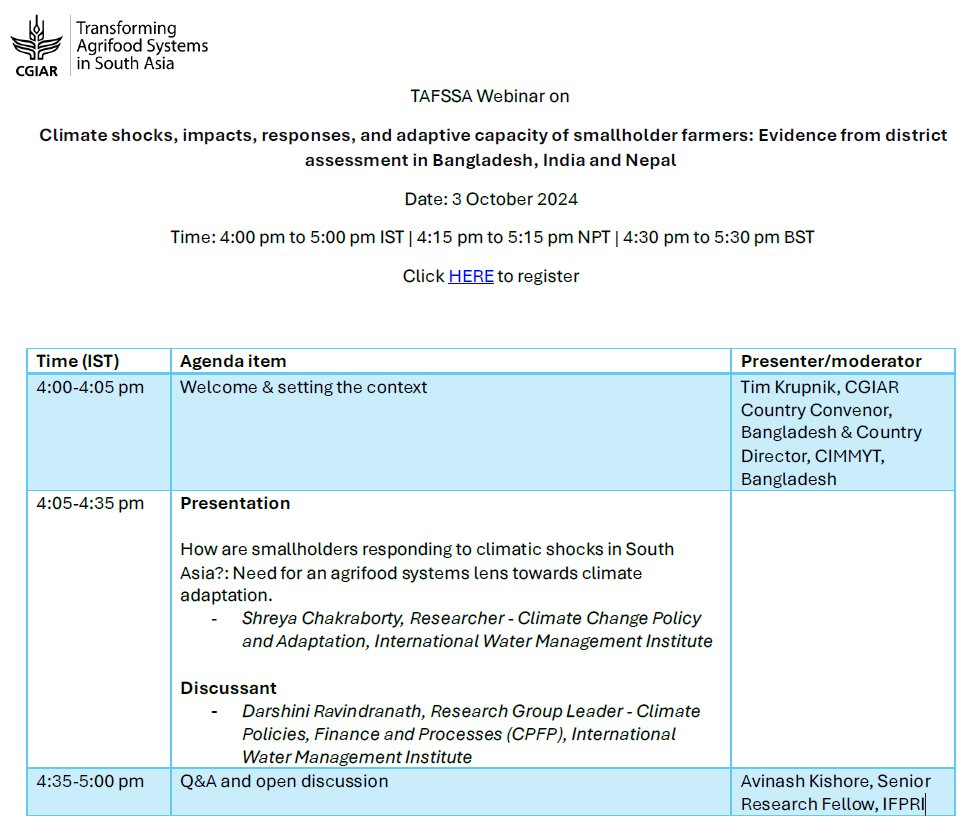 📊 Curious about how smallholders in Bangladesh, India, &amp; Nepal are building resilience to climate impacts? 
Join the #TAFSSA webinar on Oct 3! 
Expert presentations, Q&amp;A, and more. #SustainableDiets #RuralDevelopment #ClimateAction 
Register us06web.zoom.us/webinar/regist…
<a href="/CkrShreya/">Shreya Chakraborty</a>
