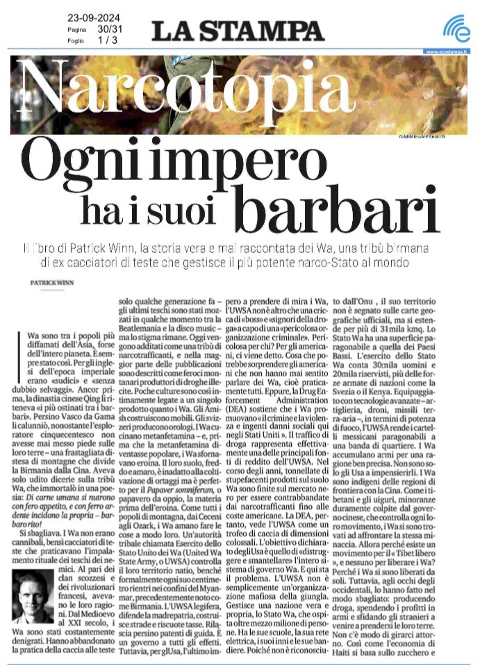 GiCivi's tweet photo. NARCOTOPIA
Il libro di @pwinn5 racconta la storia vera e mai raccontata dei Wa, una tribรน birmana di ex cacciatori di teste che gestisce il piรน potente narco-Stato al mondo.
@LaStampa
Da domani in libreria
@adelphiedizioni
#PatrickWinn #Narcotopia
Prefazione di @robertosaviano https://t.co/hhUdbhW36k