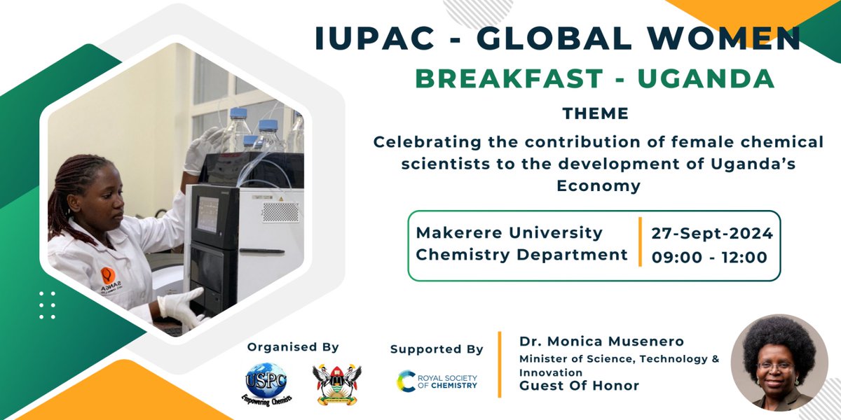 Dear all, 
Please join us on 27th Sept, 2024 (this Friday) for the IUPAC-GLOBAL WOMEN BREAKFAST.
Venue: Makerere University Chemistry Department.
Time: 0900hrs to 1200hrs
Date: 27th Sept, 2024

All females all over Uganda and the world at large are invited.