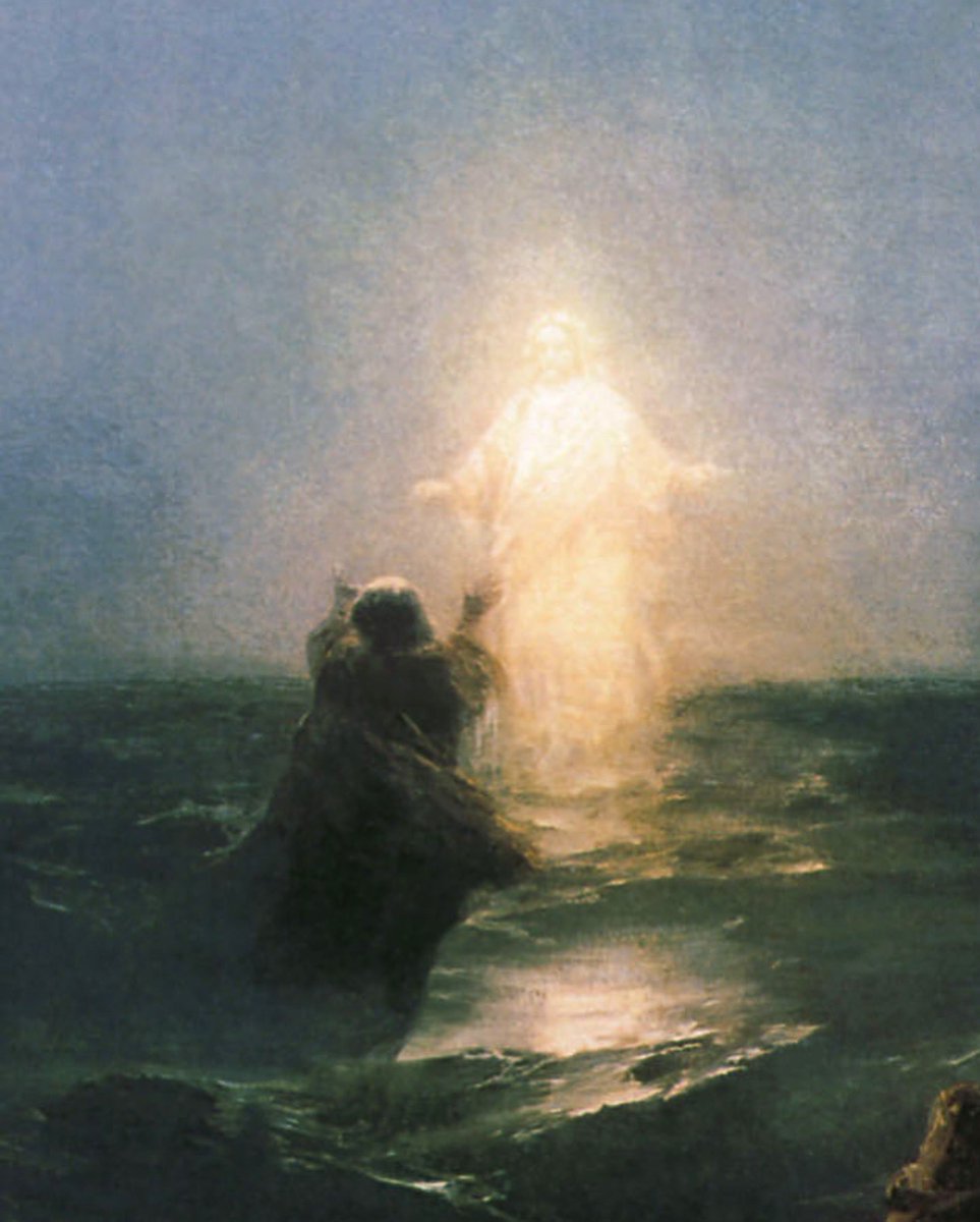 rolvatore's tweet photo. “Хождение по водам” (“Walking on Water”, 1888)
By
Ivan Aivazovsky (1817–1900)

Ivan Aivazovsky’s “Walking on Water,” painted in 1888, is a notable work in the religious art genre. This oil on canvas depicts the New Testament story of Jesus Christ walking on turbulent sea waters towards a boat of his disciples, focusing on the moment when Peter steps out to join him in faith, only to falter. The painting stands out not only for its spiritual theme but also for its vivid portrayal of the sea— a testament to Aivazovsky’s mastery of marine landscapes.

The artwork measures 70 cm in height and 50 cm in width, making it a moderately sized piece that captures a dynamic and divine interaction. The light surrounding Jesus Christ dramatically contrasts with the dark, stormy sea, highlighting the miraculous nature of the scene. Aivazovsky’s use of light effectively illustrates the divine presence and the emotional intensity of the moment, with the disciples depicted in various reactions of awe and fear.