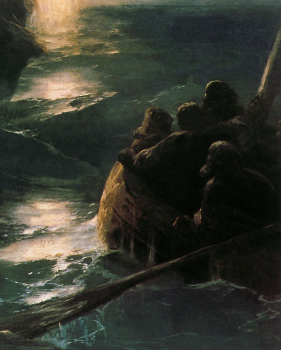 rolvatore's tweet photo. “Хождение по водам” (“Walking on Water”, 1888)
By
Ivan Aivazovsky (1817–1900)

Ivan Aivazovsky’s “Walking on Water,” painted in 1888, is a notable work in the religious art genre. This oil on canvas depicts the New Testament story of Jesus Christ walking on turbulent sea waters towards a boat of his disciples, focusing on the moment when Peter steps out to join him in faith, only to falter. The painting stands out not only for its spiritual theme but also for its vivid portrayal of the sea— a testament to Aivazovsky’s mastery of marine landscapes.

The artwork measures 70 cm in height and 50 cm in width, making it a moderately sized piece that captures a dynamic and divine interaction. The light surrounding Jesus Christ dramatically contrasts with the dark, stormy sea, highlighting the miraculous nature of the scene. Aivazovsky’s use of light effectively illustrates the divine presence and the emotional intensity of the moment, with the disciples depicted in various reactions of awe and fear.