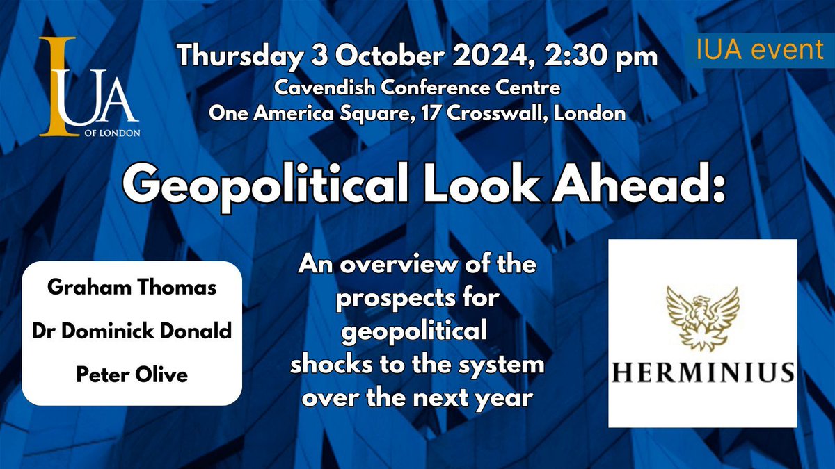 On October 3 the IUA will be hosting a free market briefing event with experts from the strategic intelligence firm Herminius, looking at possible geopolitical tensions in the year ahead and how insurers can mitigate their exposures. Register now: buff.ly/4eodOxQ