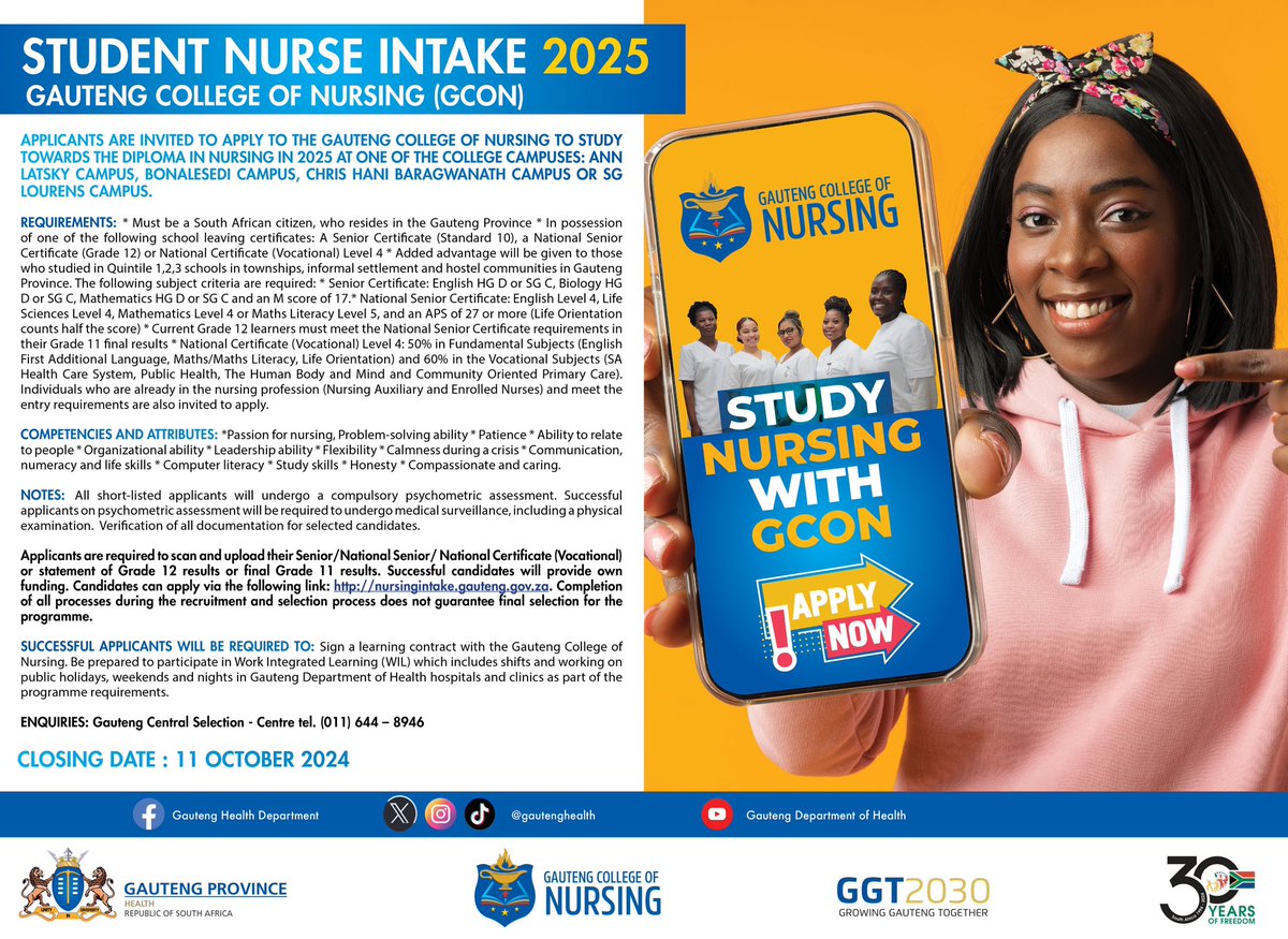 GautengHealth's tweet image. Study Nursing with the Gauteng College of Nursing (GCoN). 

The Gauteng Department of Health is inviting qualifying applicants to apply to study towards a Diploma in Nursing at the GCoN in 2025 at any of four college campuses including Ann Latsky Campus, Bonalesedi Campus, Chris…