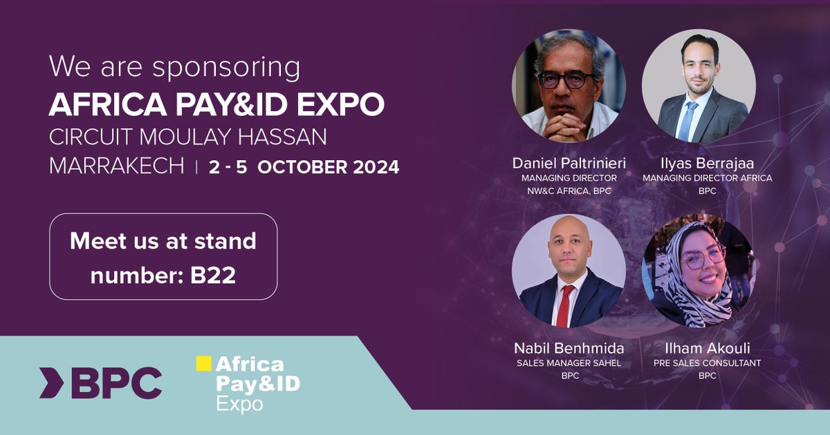 BPC_SmartVista's tweet image. BPC is proud to sponsor the Africa PAY&amp;amp;ID Expo in Marrakech by OneAfricaForums. Our team will be onsite and ready to discuss digital transformation and what modern technologies drive the market. Meet us at Stand B22!
#wearebpc #APIDE #ISO20022 #digitaltransformation #fintech