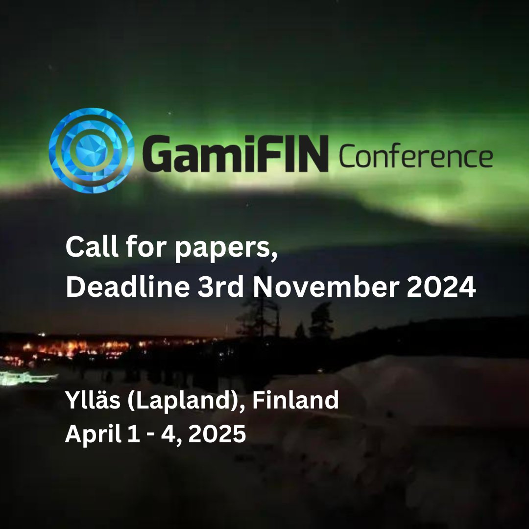 GamificationGG's tweet photo. 📢GamiFIN 2025 call for papers is open!📢
April 01-04, 2025 in Ylläs (Lapland), Finland.
The Call for Papers is open until November 3rd, 2024.
More info: https://t.co/AvIHGD7Ns4
#gamifin2025 #callforpapers #gamification #conference #research #gamificationgroup #researchfinland https://t.co/IkjmiAJsbz