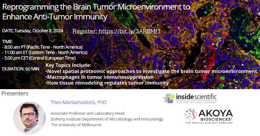 Theo Mantamadiotis @BrainCancerLab (@theo_brainc_lab) on Twitter photo WEBINAR: To learn about #braincancer & how my lab uses @Akoyabio mIHC #spatialbiology tech to understand fundamental molecular & cellular mechanisms regulating the #tumormicroenvironment, register @ bit.ly/3AR8Mf1 <a href="/UniMelbMDHS/">UniMelb MDHS</a> <a href="/TheDohertyInst/">Doherty Institute</a> #GBM #brain #cancer WEBINAR: To learn about #braincancer & how my lab uses @Akoyabio mIHC #spatialbiology tech to understand fundamental molecular & cellular mechanisms regulating the #tumormicroenvironment, register @ bit.ly/3AR8Mf1 <a href="/UniMelbMDHS/">UniMelb MDHS</a> <a href="/TheDohertyInst/">Doherty Institute</a> #GBM #brain #cancer