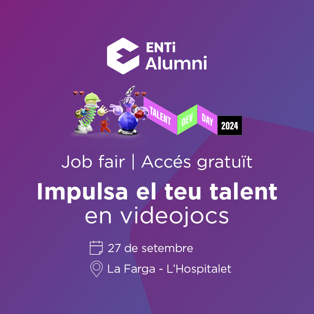 ENTIAlumni's tweet photo. El 27 de setembre arriba el #TalentDevDay a La Farga de l'Hospitalet de Llobregat (@IndieDevDay)! Un esdeveniment únic on empreses de videojocs connecten amb joves talents i professionals del sector. 🚀✨

🔗 Més info: https://t.co/Oc380onqlY https://t.co/yTkmUapcQa