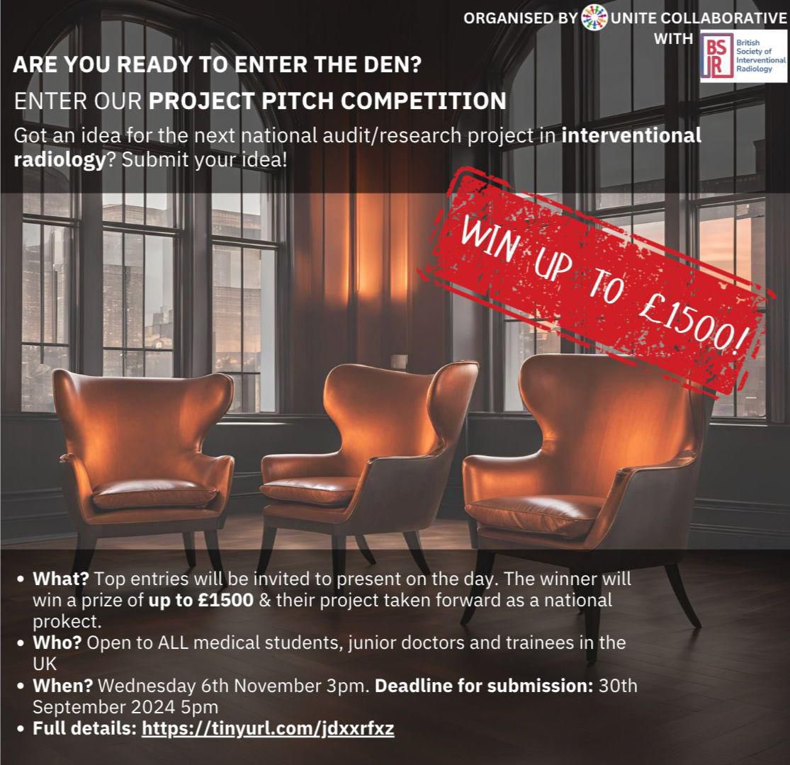 7️⃣DAYS LEFT TO SUBMIT YOUR PROJECT 
for the Project Pitch Competition ‼️

You can be the lucky one to…
- Win £1500💸
- Lead a National audit/Research in IR 🗣️
- Gain the max 6 points in your Radiology Portfolio 📝

For more information: tinyurl.com/UNITEprojectpi…