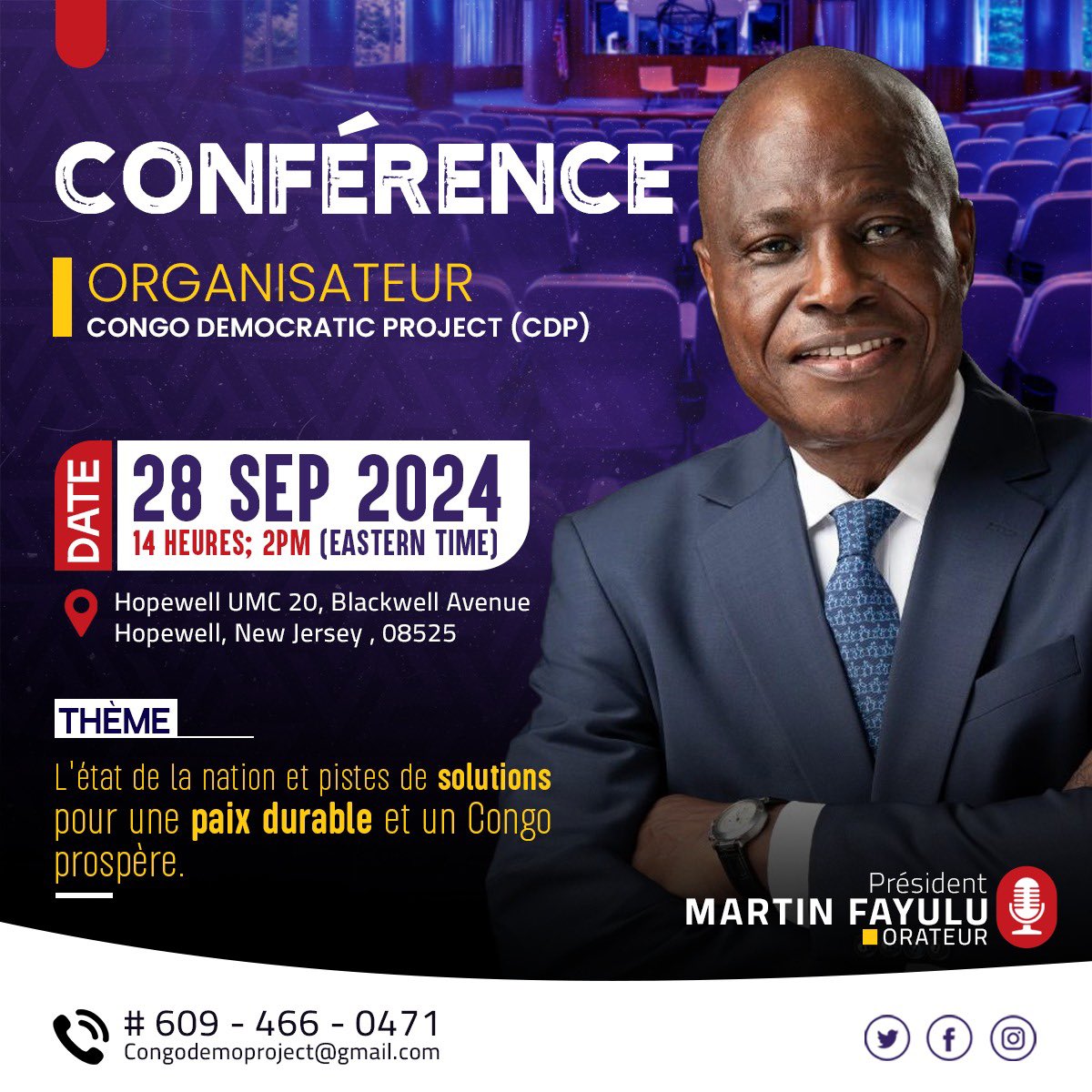 JeanmarcKabunda's tweet photo. Le Président Martin Fayulu rencontrera la diaspora congolaise des USA ce samedi 28 septembre 2024 à Hopewell, dans l’Etat de New Jersey.

À cette occasion, il animera une conférence portant sur le thème : 
« L’état de la nation et pistes de solutions pour une paix durable et un Congo prospère. »

Cette rencontre sera une opportunité pour échanger autour des défis actuels de la RDC et des voies à emprunter pour garantir un avenir de stabilité et de prospérité à notre nation.

Service de communication  
Président Martin Fayulu