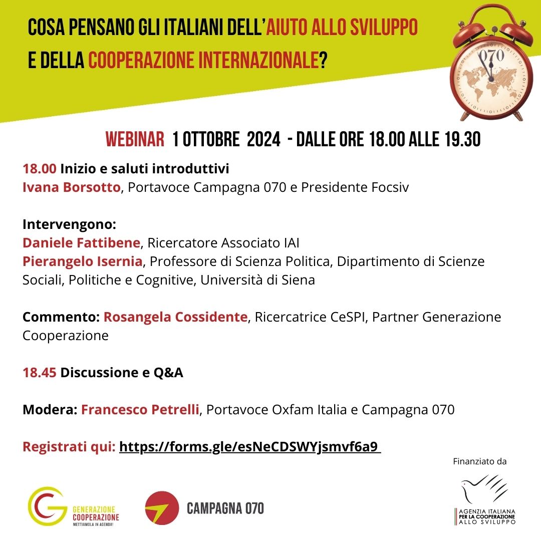 𝐍𝐎𝐍 𝐌𝐀𝐍𝐂𝐀𝐑𝐄, 𝐓𝐈 𝐀𝐒𝐏𝐄𝐓𝐓𝐈𝐀𝐌𝐎!
📅 1° OTTOBRE 2024, dalle 18:00 alle 19:30  
Partecipa al webinar sul tema:  Cosa pensano gli italiani dell'aiuto allo sviluppo e della cooperazione internazionale?
👉 𝐑𝐞𝐠𝐢𝐬𝐭𝐫𝐚𝐭𝐢 𝐪𝐮𝐢: forms.gle/esNeCDSWYjsmvf…