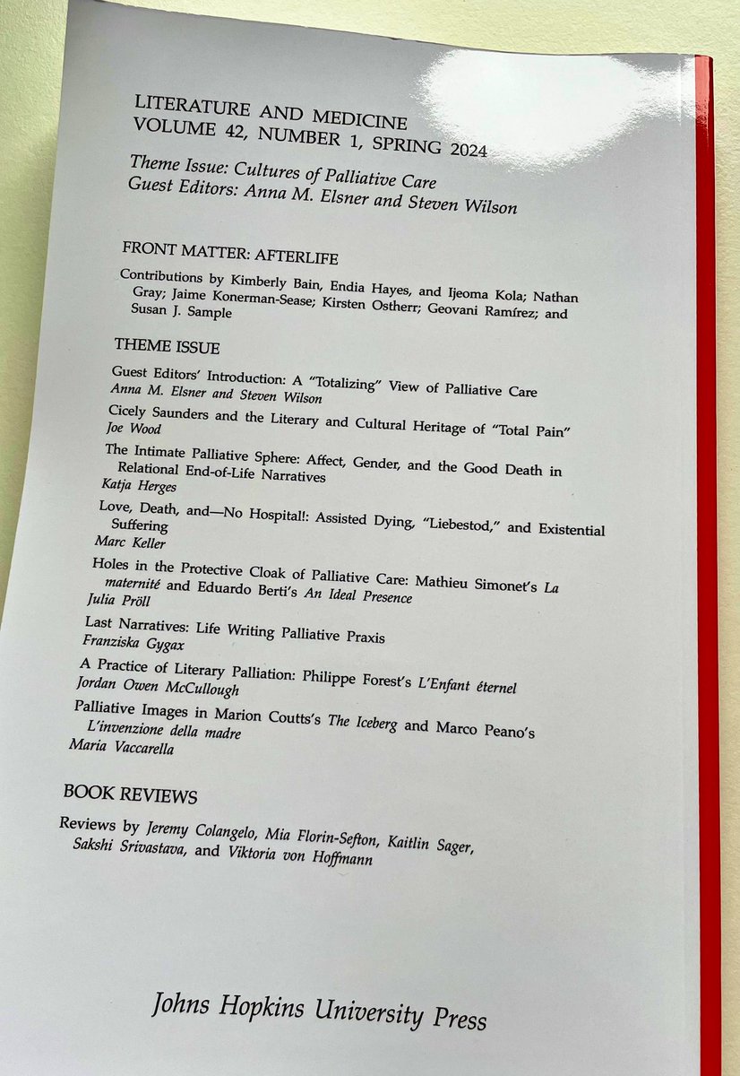 Pleased to receive the hard copy of *Cultures of Palliative Care*, vol 42.1 of Literature and Medicine. Terrific essays on end-of-life care from different cultural and linguistic perspectives, plus a compelling ‘front matter’ section on Afterlife. muse.jhu.edu/issue/53121
