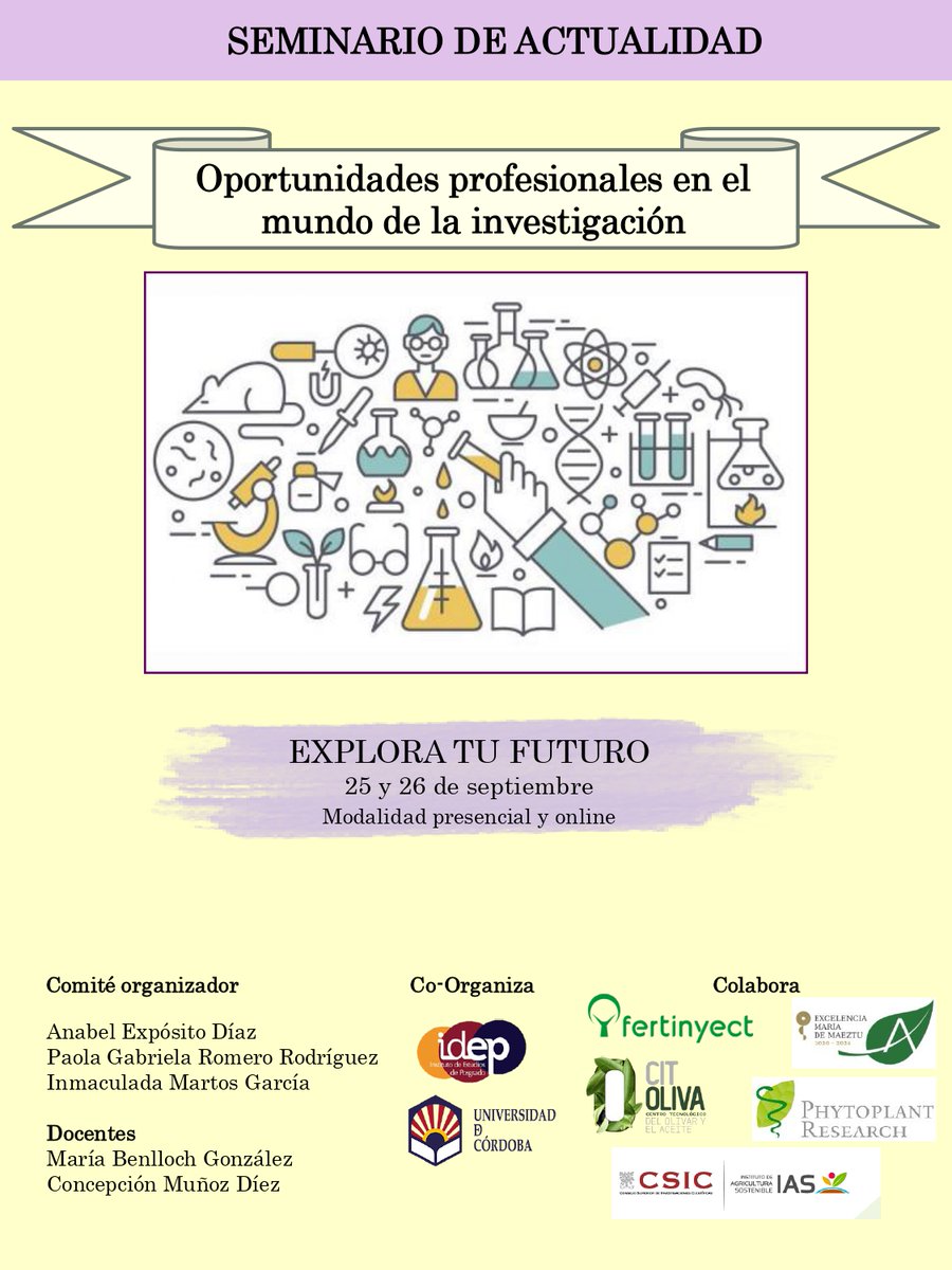 Esta semana hablamos de oportunidades profesionales en el mundo de la investigación, herramientas y experiencias investigadoras en el seminario 'Explora tu futuro' 🧪🤓 que se celebra en la <a href="/ETSIAMCordoba/">ETSIAM - Universidad de Córdoba</a>.

👀 Información e inscripciones: uco.es/agronomia/es/n…