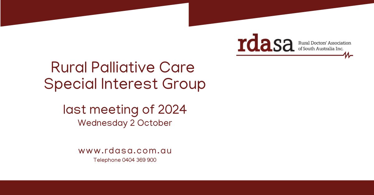 RDASA (@ruraldocsa) on Twitter photo Have an interest in Rural Palliative Care? RDASA runs a Special Interest Group that shares with its members the latest on everything relating to rural Palliative care. Please join us for our last meeting of 2024 on Wednesday 2 October at 8pm. Register info@rdasa.com.au Have an interest in Rural Palliative Care? RDASA runs a Special Interest Group that shares with its members the latest on everything relating to rural Palliative care. Please join us for our last meeting of 2024 on Wednesday 2 October at 8pm. Register info@rdasa.com.au