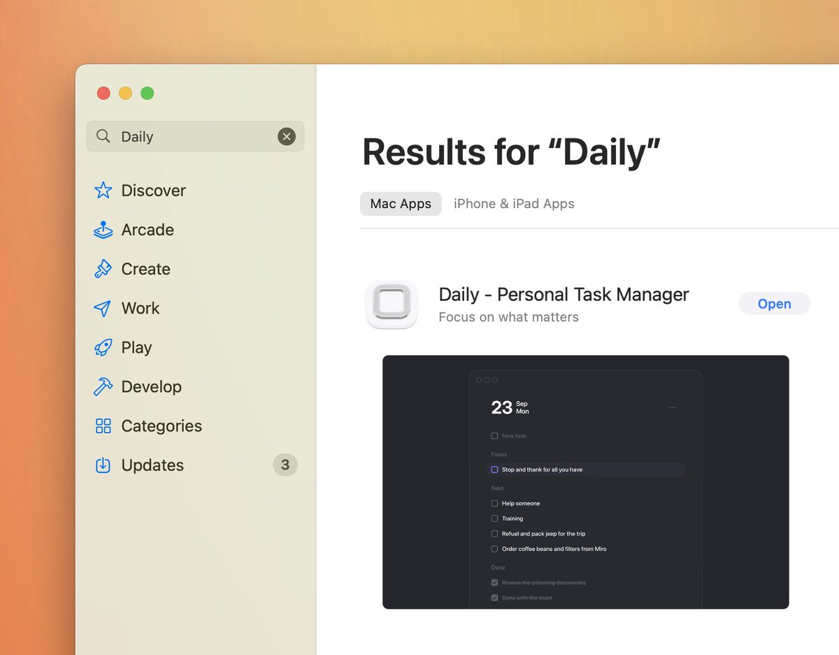bartbak_'s tweet image. Thanks to you, Daily is now available for download on the Apple App Store or via dscp.team/daily. Super grateful for all the feedback and bug reports you’ve shared! #buildinpublic #todoapp #appstore
