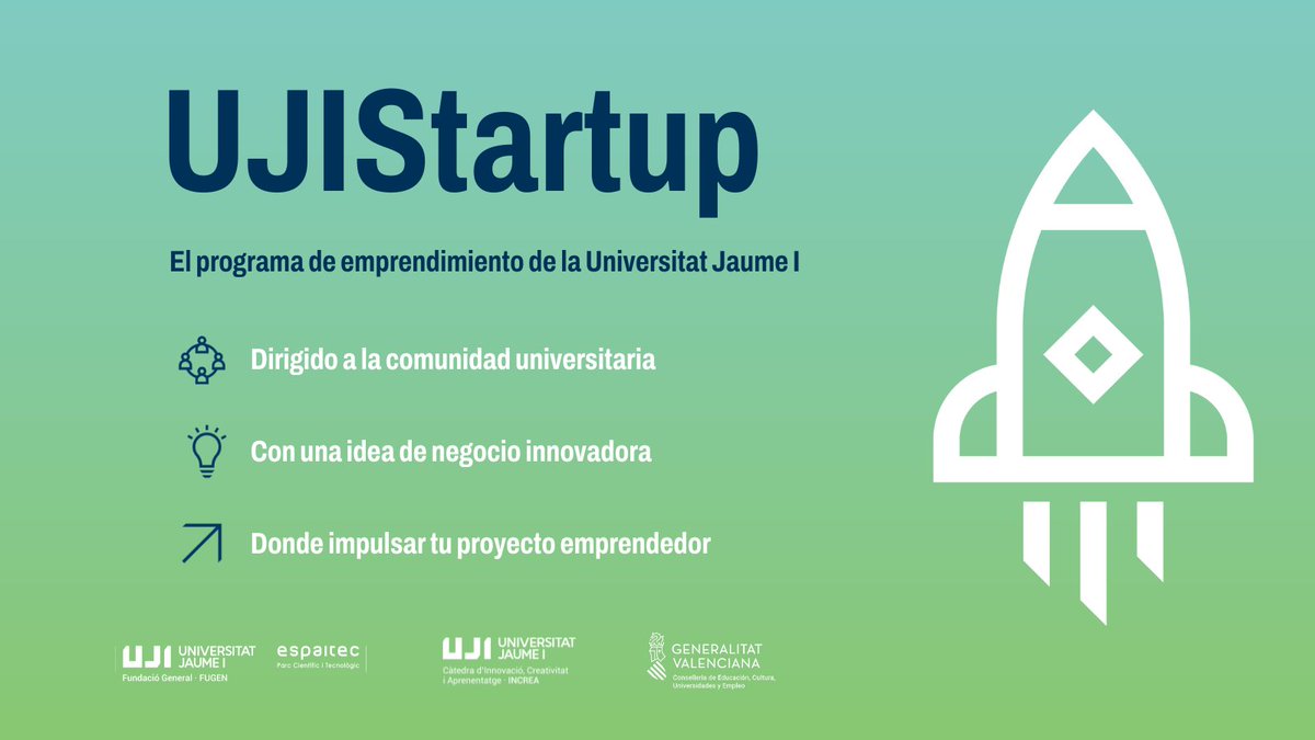 Espaitec UJI (@espaitec) on Twitter photo ¡Inscripción abierta para participar en la 8ª edición de #UJIStartup! 🚀
Si eres parte de la comunidad universitaria de @ujiuniversitat, participa y recibe formación gratuita para convertir tu idea emprendedora en una empresa 🔝
¡Hasta el 23/10! 🔗 ujistartup.uji.es ¡Inscripción abierta para participar en la 8ª edición de #UJIStartup! 🚀
Si eres parte de la comunidad universitaria de @ujiuniversitat, participa y recibe formación gratuita para convertir tu idea emprendedora en una empresa 🔝
¡Hasta el 23/10! 🔗 ujistartup.uji.es