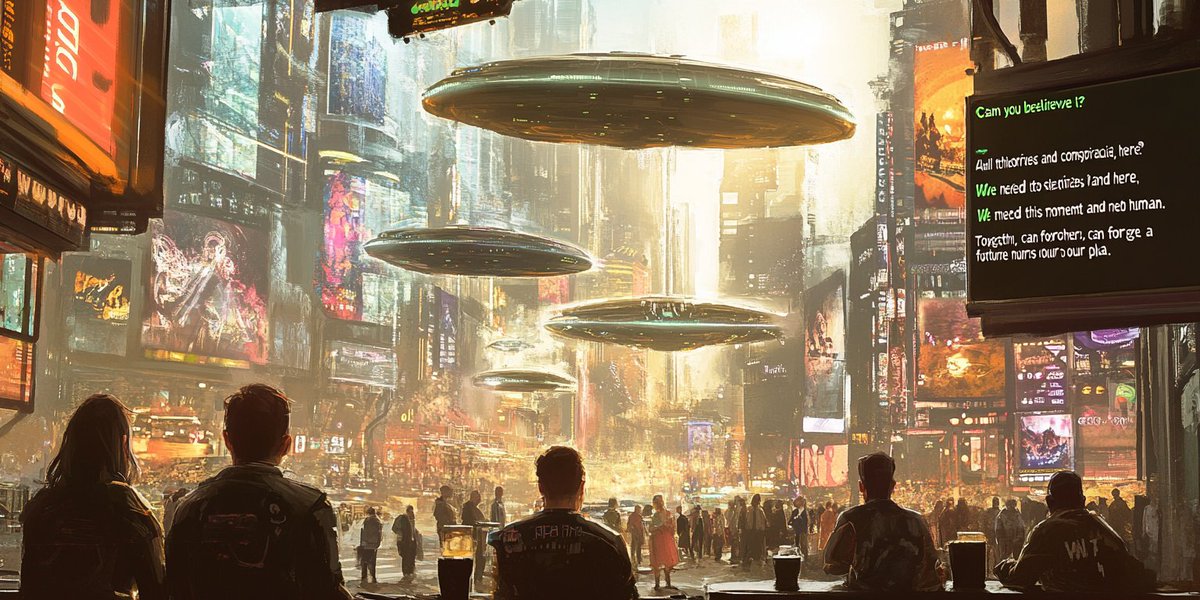 random7cloud's tweet image. by #chatgpto 

The Day After Disclosure

The morning sun rose over a world forever changed. News screens flickered with images of the night before: ships unlike anything humanity had ever seen, hovering silently above cities and landmarks, broadcasting a single message in every