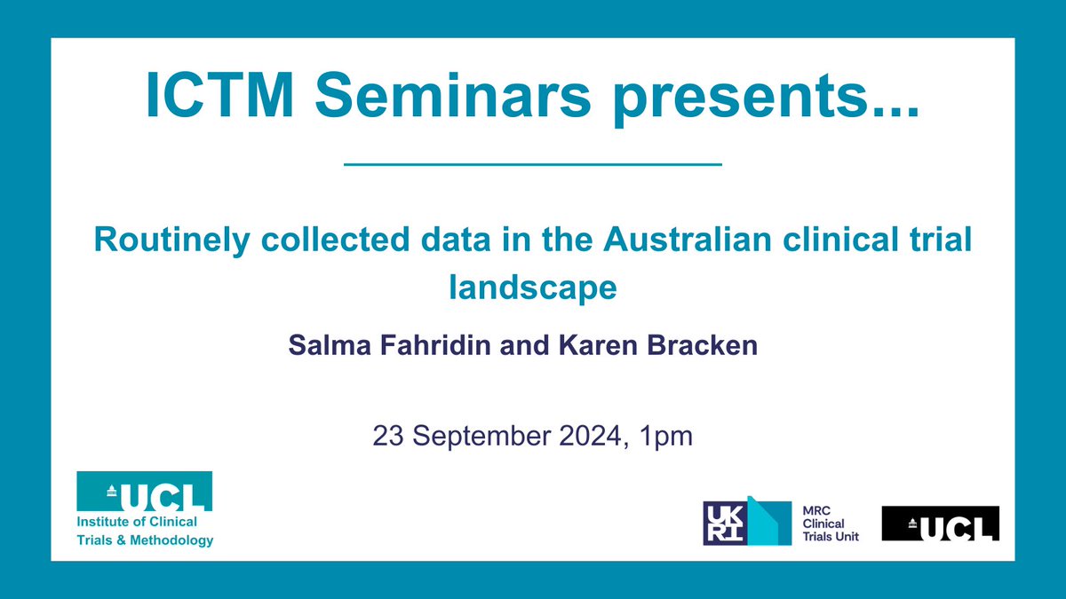 MRC Clinical Trials Unit at UCL (@mrcctu) on Twitter photo We are very excited for the return of the <a href="/ICTM_UCL/">ICTM at UCL</a> seminar series!
<a href="/SFahridin/">Salma Fahridin</a> & <a href="/getkarenbracken/">Karen Bracken</a> <a href="/TrialsCentre/">NHMRC CTC</a> will share findings from a scoping review exploring use of #RoutineData in Australian #ClinicalTrials, as well as experiences of trialists in navigating these systems. We are very excited for the return of the <a href="/ICTM_UCL/">ICTM at UCL</a> seminar series!
<a href="/SFahridin/">Salma Fahridin</a> & <a href="/getkarenbracken/">Karen Bracken</a> <a href="/TrialsCentre/">NHMRC CTC</a> will share findings from a scoping review exploring use of #RoutineData in Australian #ClinicalTrials, as well as experiences of trialists in navigating these systems.