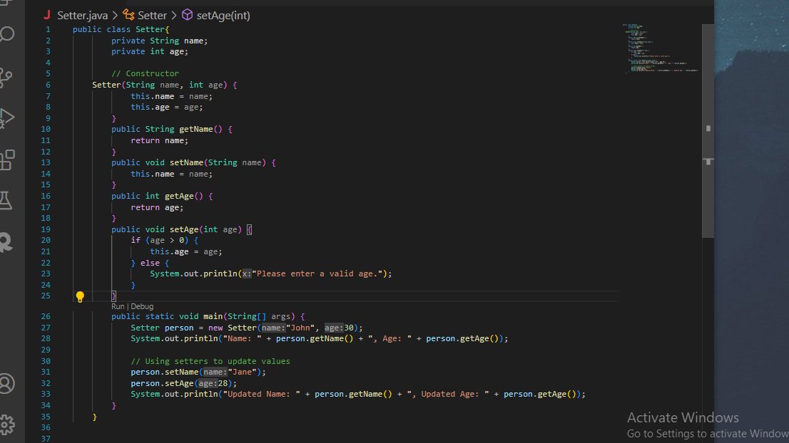DAY 8 : Setter &amp; Getter.
I learned how to use getters and setters to control access to private data in a class. They help maintain data integrity and encapsulation.
#java #LearnInPublic