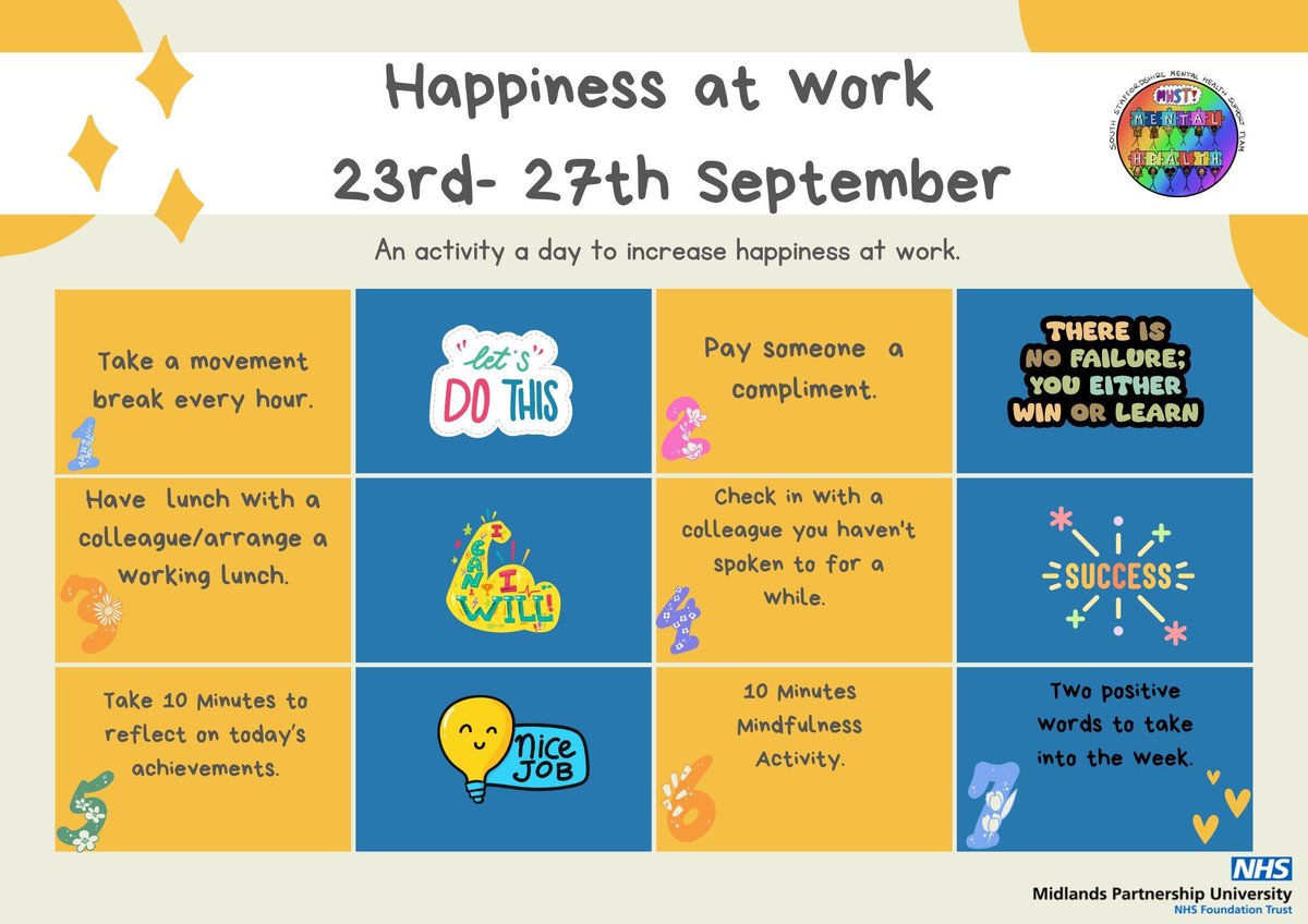 SouthStaffsMHST's tweet photo. This week is happiness at work week, here is a calendar to encourage you to look after your emotional wellbeing at work. It is important to pour into our own cups, to recharge our own batteries and set an example of taking care of ourselves. https://t.co/eFsXp1OUcY