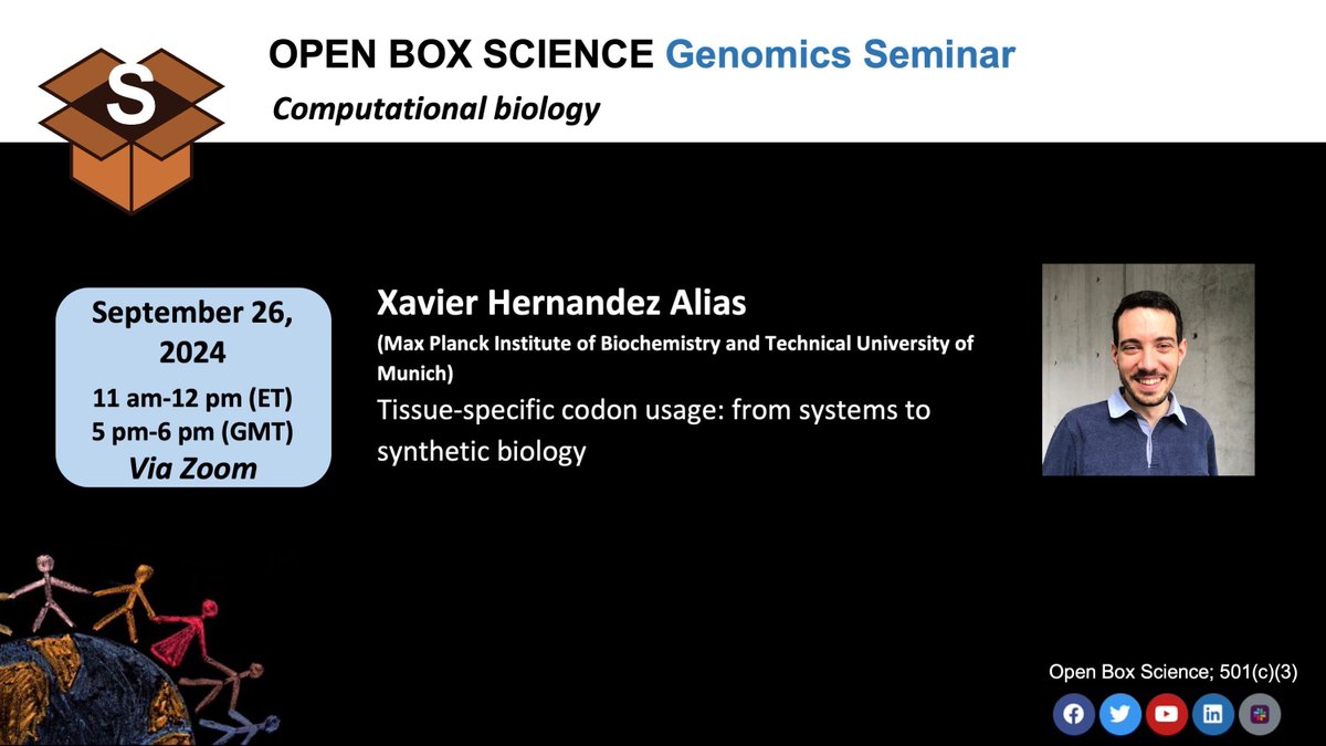 OBS #Genomics Seminar
📆 Thursday, 9/26, 11 am ET/5 pm CET 

🎙️
Xavier Hernandez Alias 
<a href="/xavier_heal/">Xavier Hernandez Alias</a>
<a href="/MPI_Biochem/">Max Planck Institute of Biochemistry (MPIB)</a> 
<a href="/gagneurlab/">gagneurlab</a> 

👉 Registration: us02web.zoom.us/meeting/regist…  

#openscience