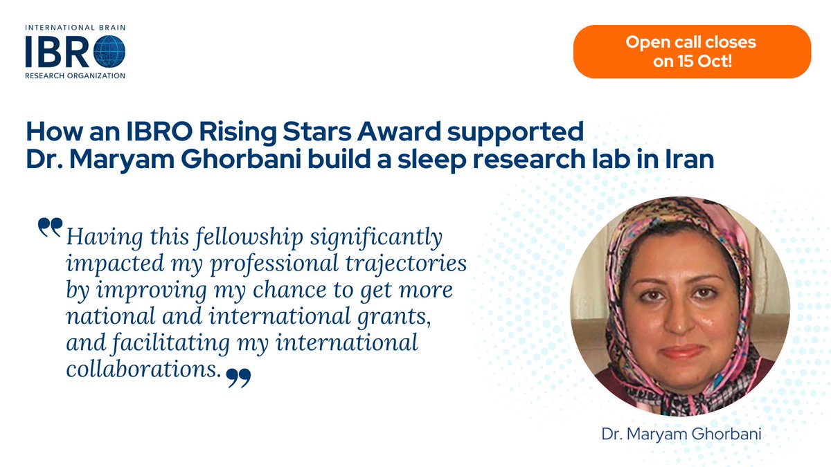Learn how an IBRO Rising Stars Award has supported Dr. Maryam Ghorbani build a sleep #research #lab in Iran. Join her and apply by 15 Oct!
🔗 ow.ly/i51Z50TryW1

<a href="/SONAorg/">SONA</a> <a href="/FENSorg/">FENS</a> <a href="/neuroFALAN/">FALAN</a> <a href="/CAN_ACN/">CAN ACN</a>