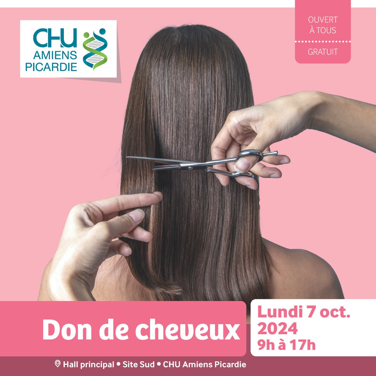 CHUAmiens's tweet photo. [#OctobreRose] Don de cheveux pour l'association #SolidHair 🎀

💇 Sur cheveux naturels et propres, le Salon Emmanuelle Coiffure proposera une coupe de cheveux de 25cm minimum :
🗓 Lun. 7 octobre
🕖 9h-17h
📍 Hall du #CHUAmiens (Site Sud)

⬇️ + D'INFOS ⬇️
https://t.co/AXNEYe61pJ https://t.co/wxhC3IXglC