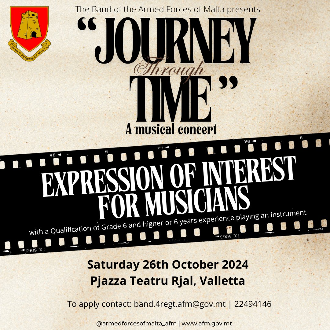 Armed Forces of Malta (@armed_forces_mt) on Twitter photo The Armed Forces of Malta is inviting former members of the AFM Band and a talented group of young civilian musicians to join the AFM Band for a memorable celebration of music and community. Interested musicians can email band.4regt.afm@gov.mt or call on 22494146 to apply
#afm The Armed Forces of Malta is inviting former members of the AFM Band and a talented group of young civilian musicians to join the AFM Band for a memorable celebration of music and community. Interested musicians can email band.4regt.afm@gov.mt or call on 22494146 to apply
#afm