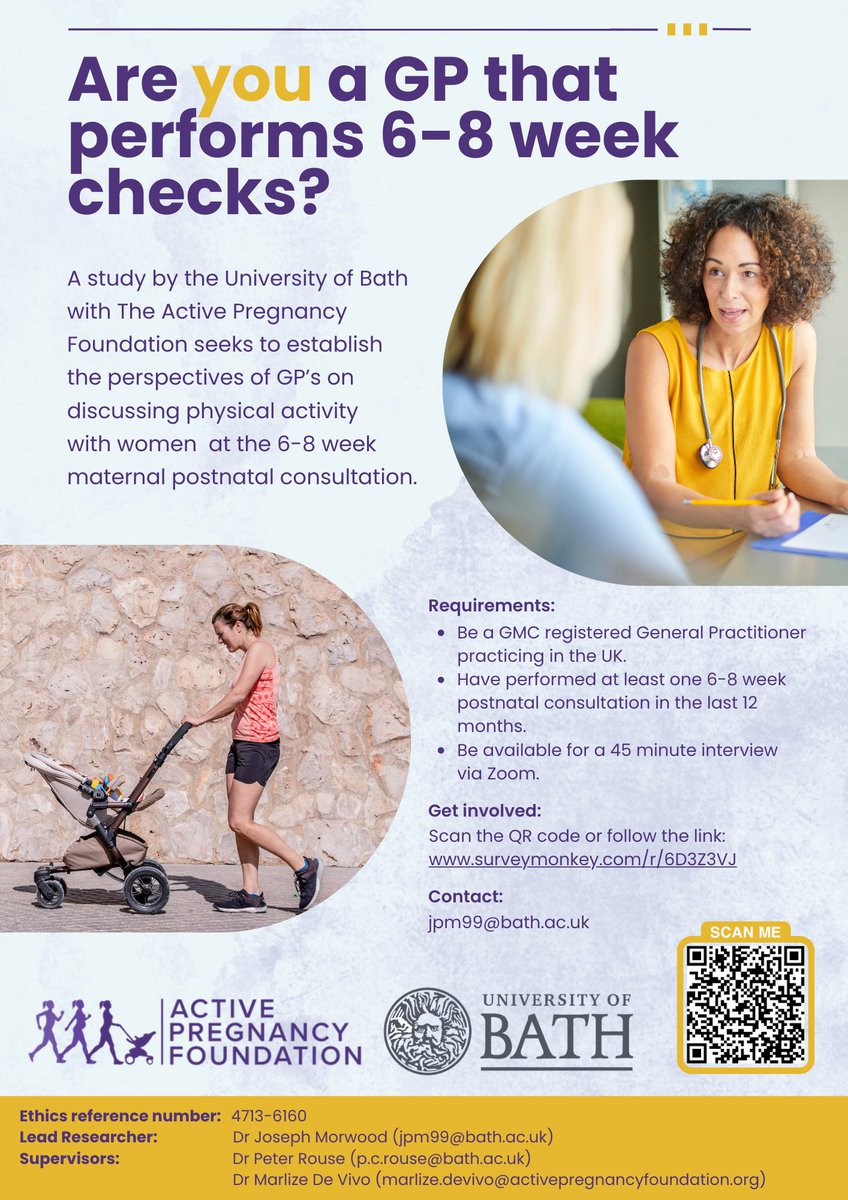 We are launching a new research project today to establish the perspectives of GPs on discussing physical activity at the 6-8 week postnatal check.

Please share or get involved: surveymonkey.com/r/6D3Z3VJ