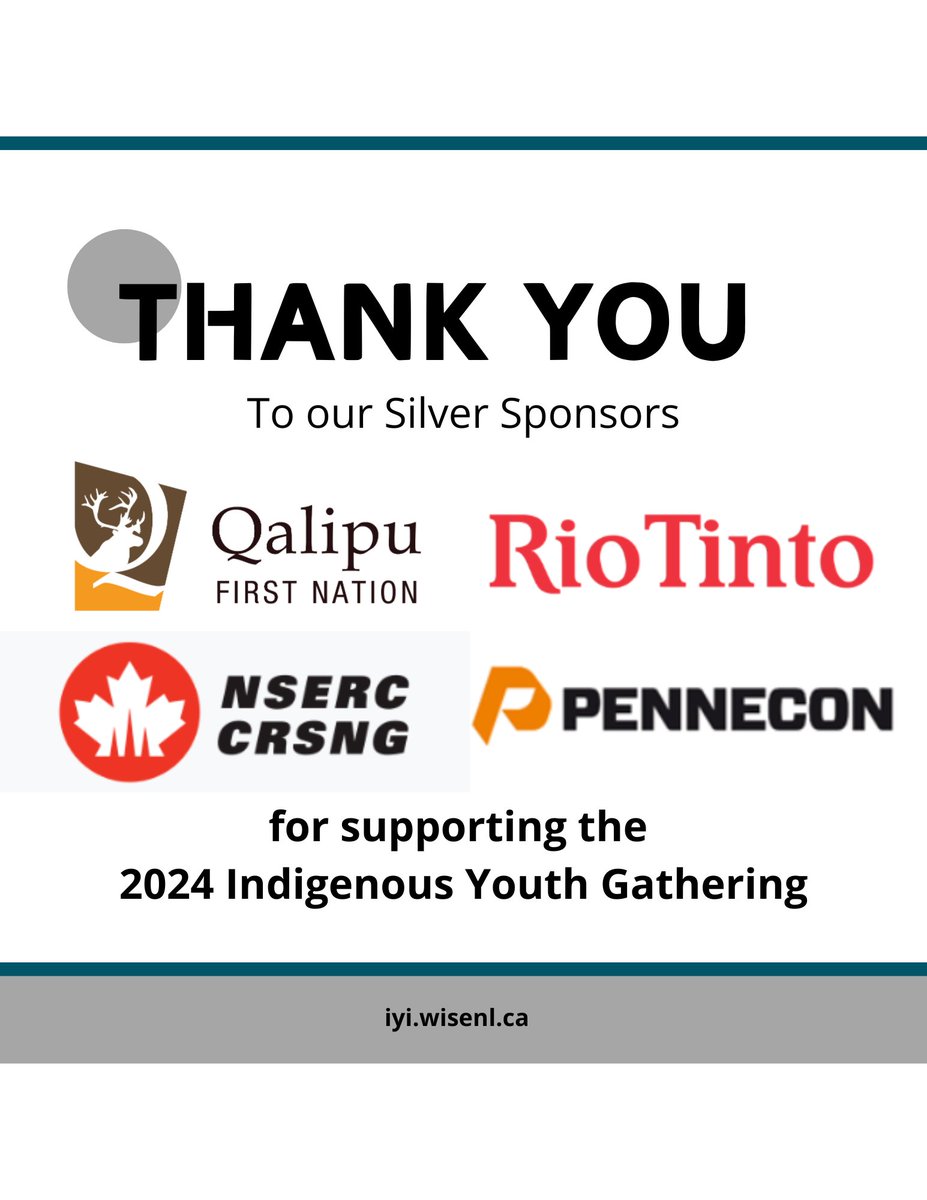 We wanted to send out a thank you to our Silver Sponsors for the 2024 Indigenous Youth Gathering <a href="/Qalipu2011/">Qalipu First Nation</a>, <a href="/RioTinto/">Rio Tinto</a>, <a href="/NSERC_CRSNG/">NSERC / CRSNG</a>, and Pennecon. Your generosity will help us provide indigenous youth across the province with an opportunity to learn more about careers in STEM!