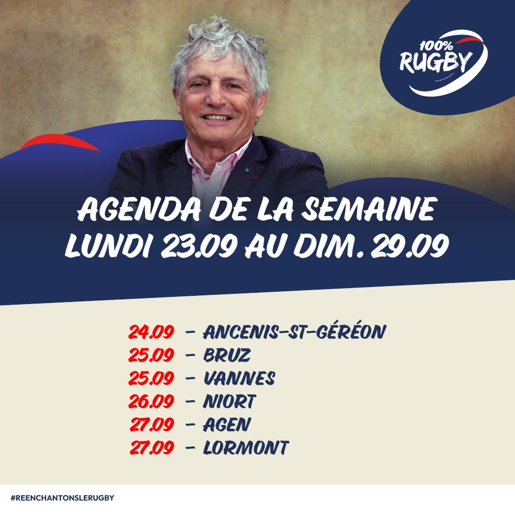On continue d'aller à la rencontre des clubs !

24/09 - Ancenis-St-Géréon
25/09 - Bruz
25/09 - Vannes
26/09 - Niort
27/09 - Agen
27/09 - Lormont

Réenchantons le rugby ! 🏉 ✨

#ffr #rugby #rugbyamateur #rugbyprofessionnel #tourdefrancedesclubs #sport #codorugby2024