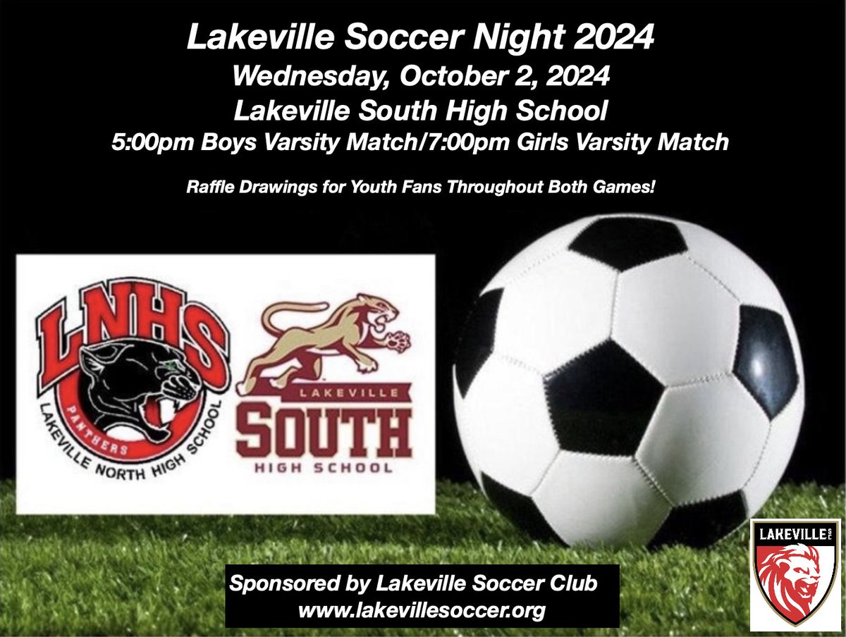 SOCCER FANS... SAVE THE DATE!  
"Soccer Day in Lakeville" is coming up next week.  
Let's pack the stands next week at Lakeville South.
<a href="/LNHSSoccer/">LNHS Boys Soccer</a> 
<a href="/lnhsgirls/">Lakeville North Girls Soccer</a>