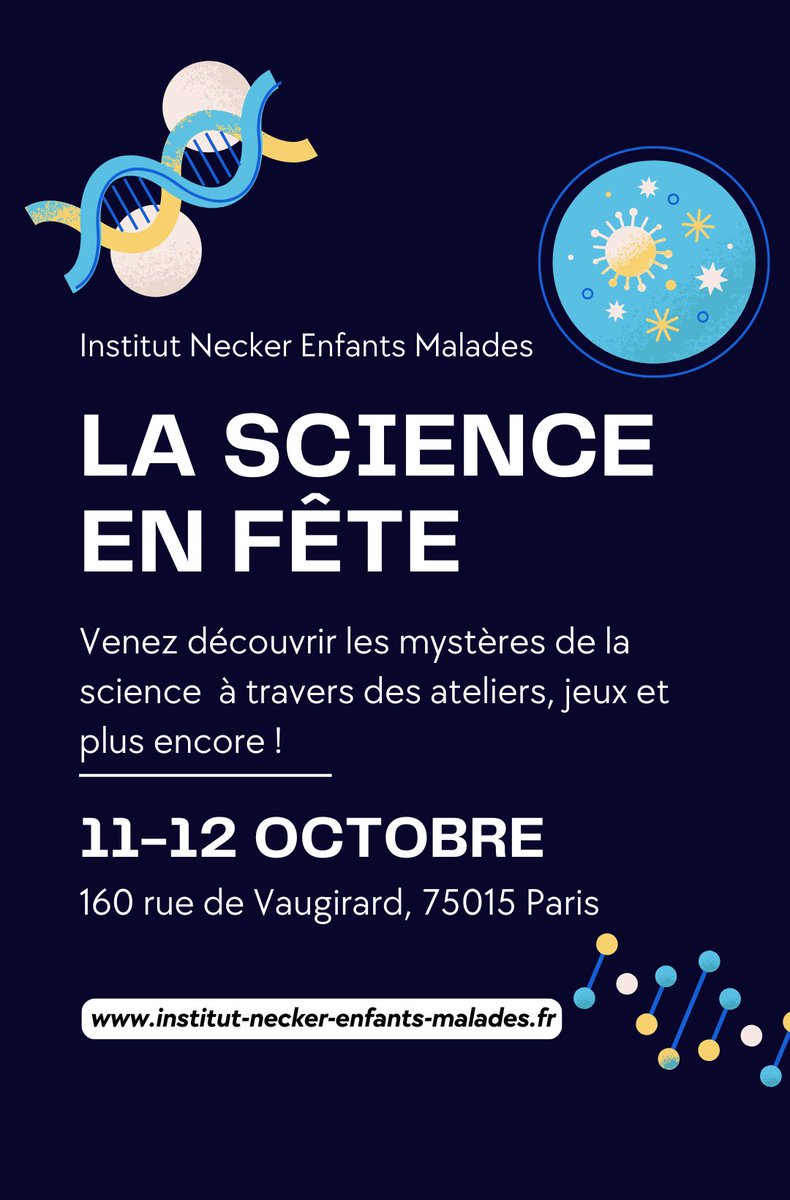 INEM NECKER (@neckerinem) on Twitter photo 🚀 C'est bientôt ! Les 11 et 12 octobre, l'INEM ouvre ses portes pour la Fête de la Science ! 🔬✨
Explorez des ateliers interactifs, des expériences en direct et plongez au cœur de la recherche scientifique. 🧑🔬🔍
🔗 Plus d'infos : institut-necker-enfants-malades.fr/index.php/even… #FDS2024 <a href="/FeteScience/">Fête de la science</a> 🚀 C'est bientôt ! Les 11 et 12 octobre, l'INEM ouvre ses portes pour la Fête de la Science ! 🔬✨
Explorez des ateliers interactifs, des expériences en direct et plongez au cœur de la recherche scientifique. 🧑🔬🔍
🔗 Plus d'infos : institut-necker-enfants-malades.fr/index.php/even… #FDS2024 <a href="/FeteScience/">Fête de la science</a>
